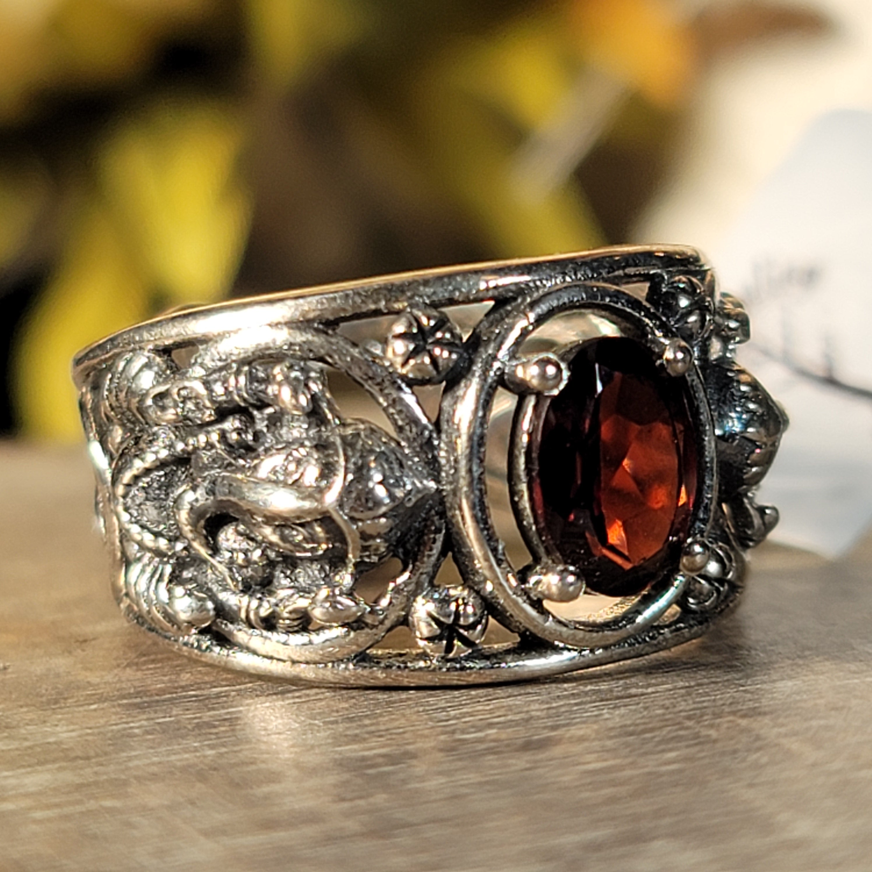 Garnet Ganesha Cuff Ring .925 Silver for Health and Strength