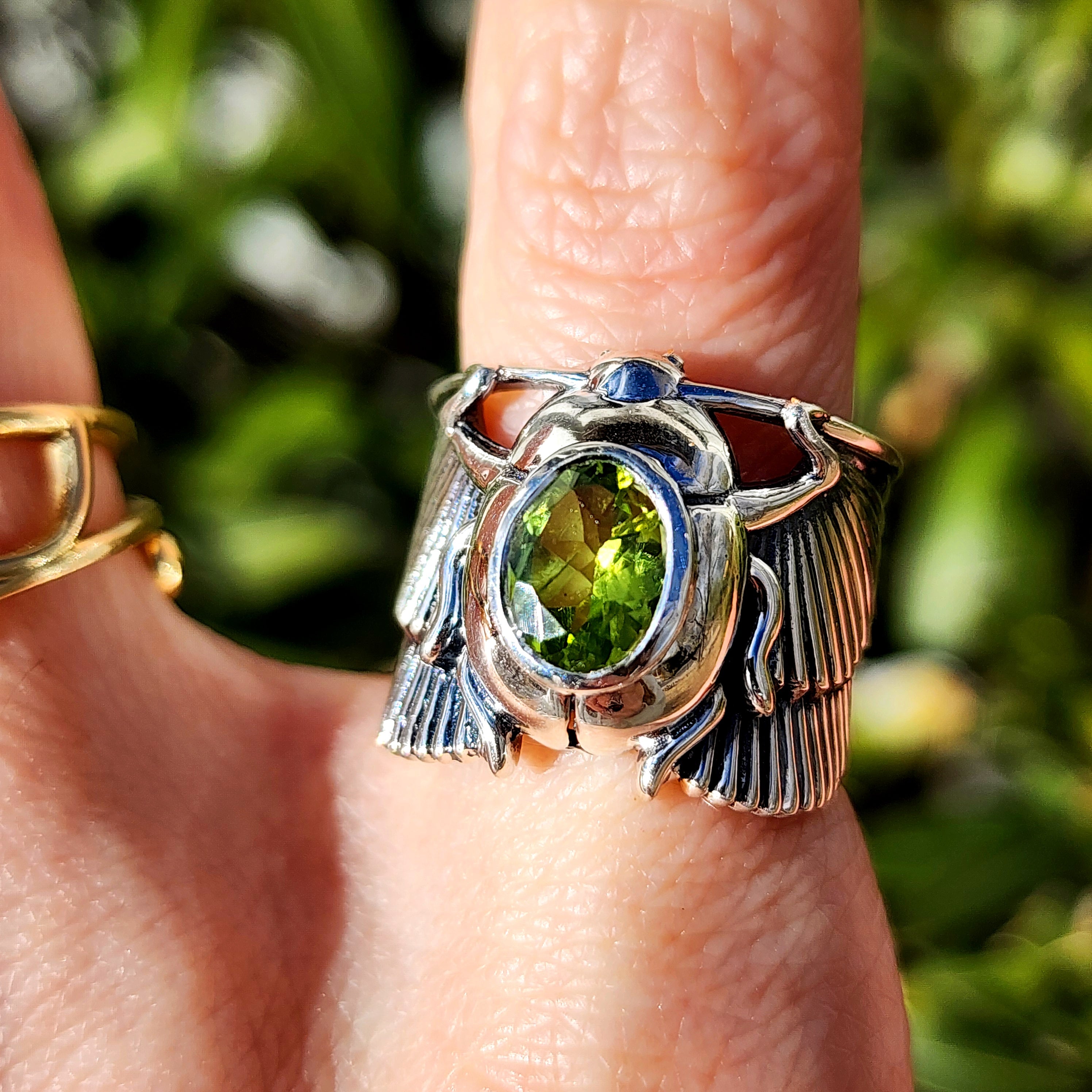 Peridot Scarab Finger Cuff Adjustable Ring .925 Silver for Abundance, Health, Protection and Power