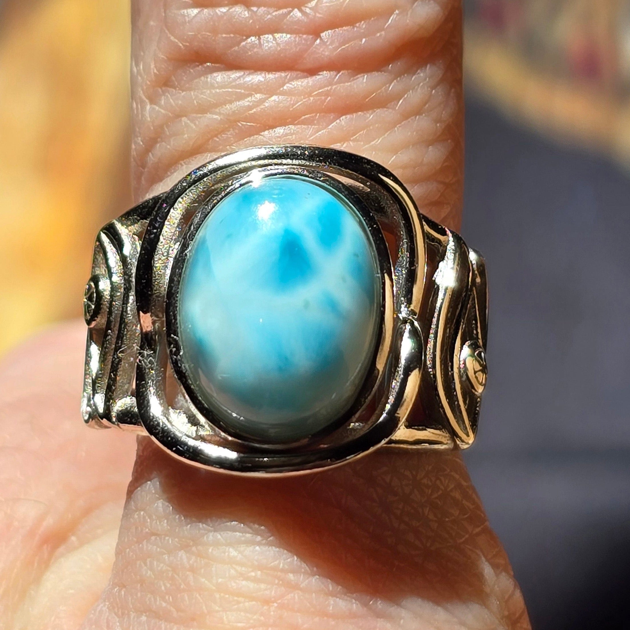 Larimar Egyptian Eye Adjustable Finger Cuff Ring .925 Silver for Communication, Peace and Divine Connection