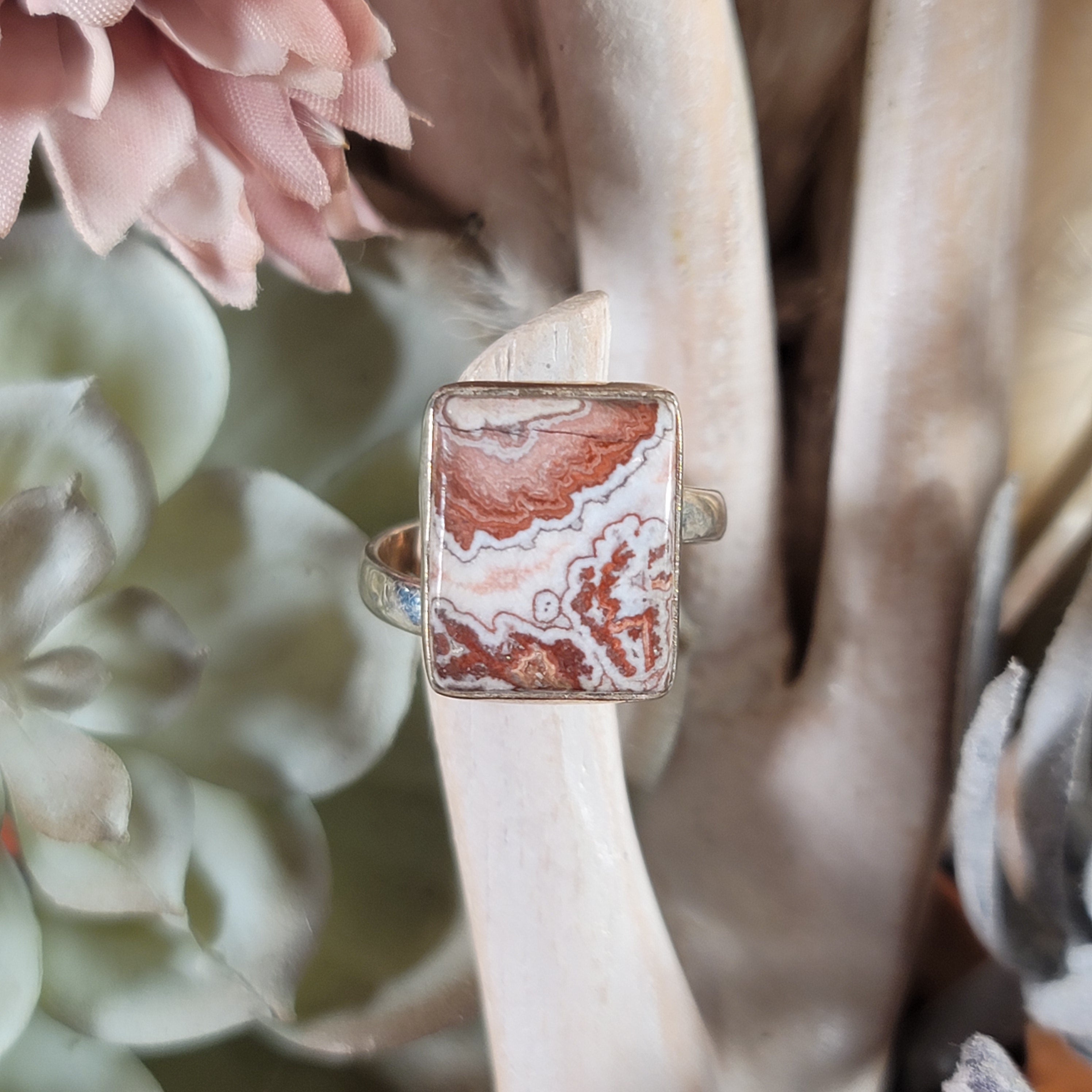 Crazy Lace Agate Adjustable Ring .925 Silver for Joy and Laughter