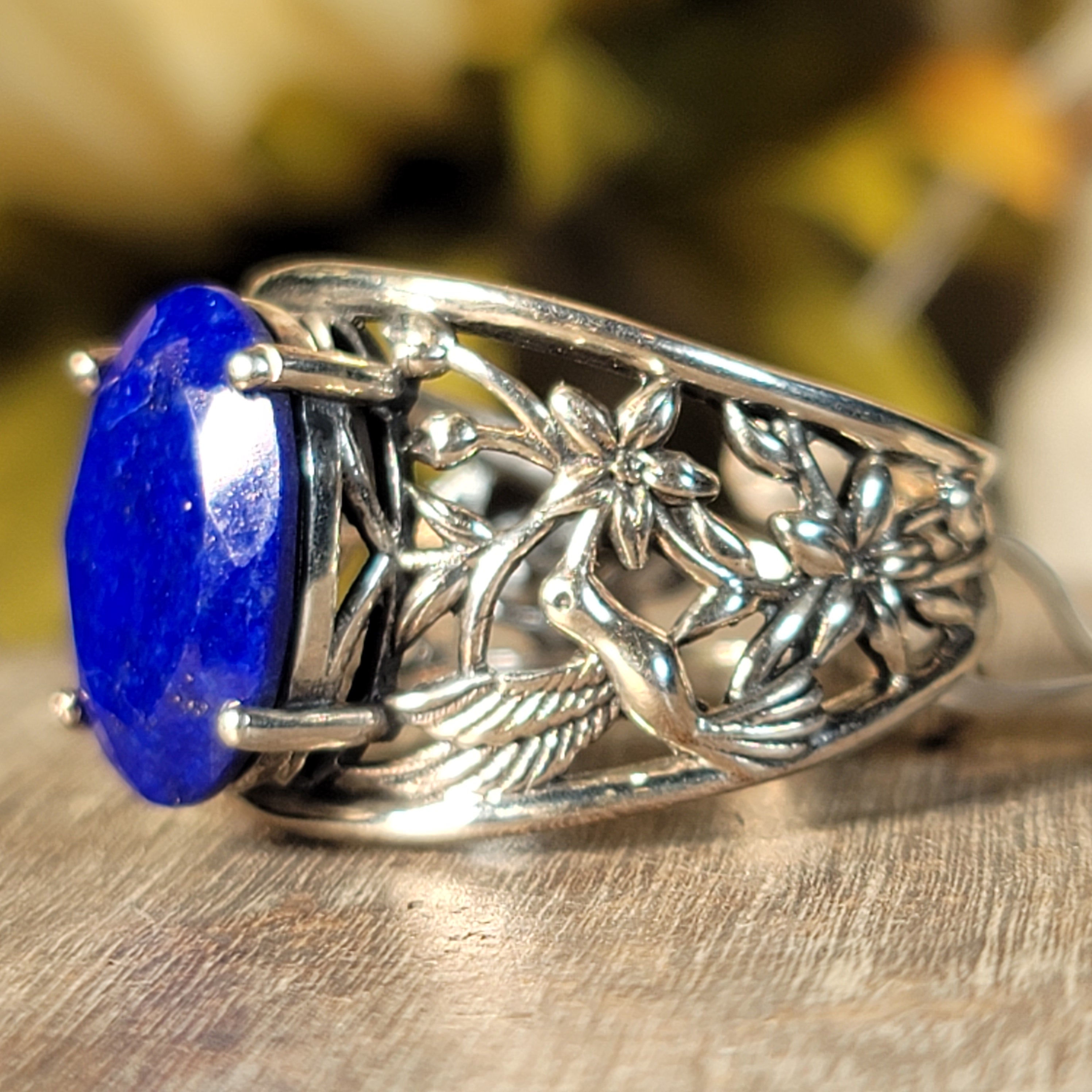 Lapis Lazuli Hummingbird Cuff Ring .925 Silver for Power & Confidence