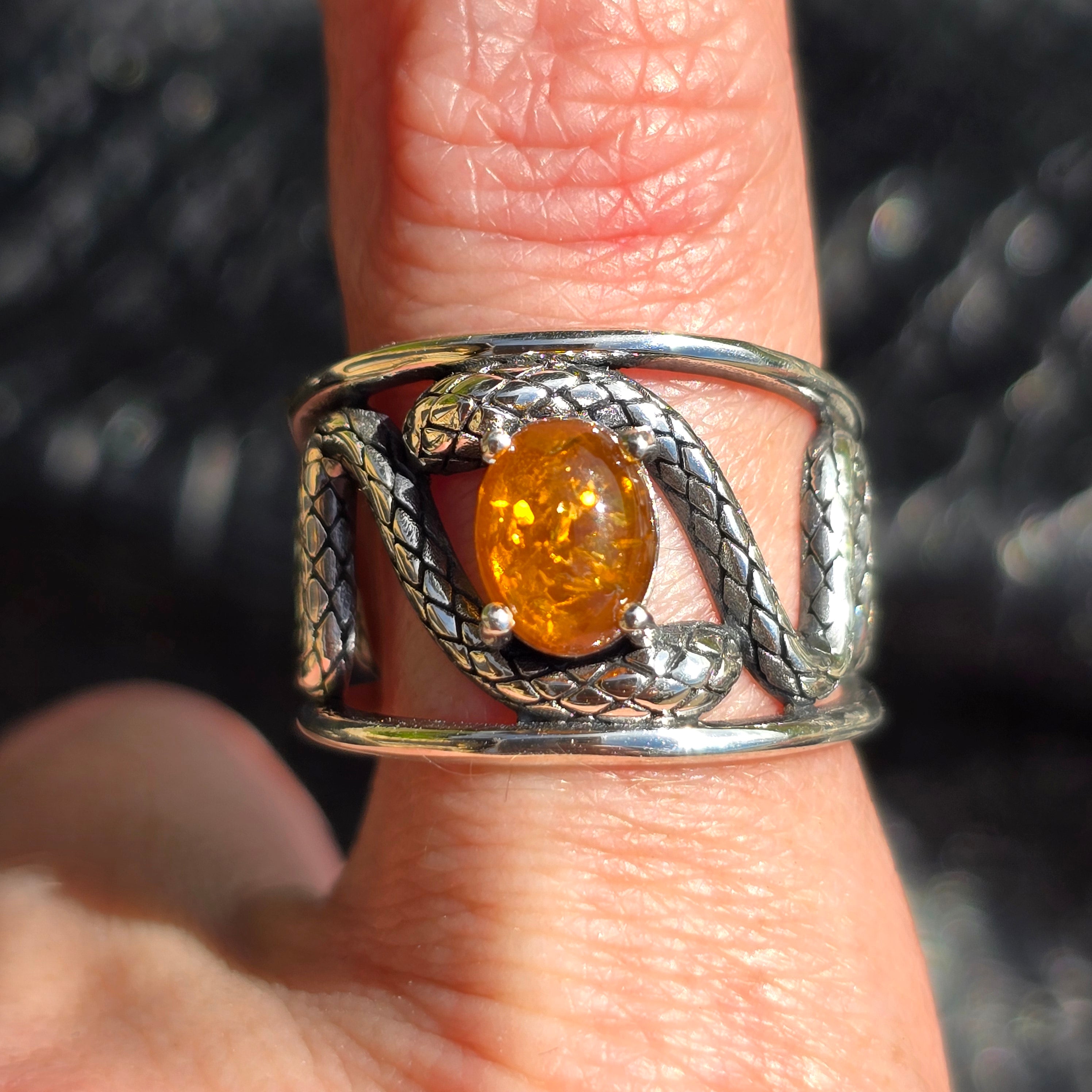 Baltic Amber Serpent Adjustable Finger Cuff Ring .925 Silver for Healing, Joy and Purification