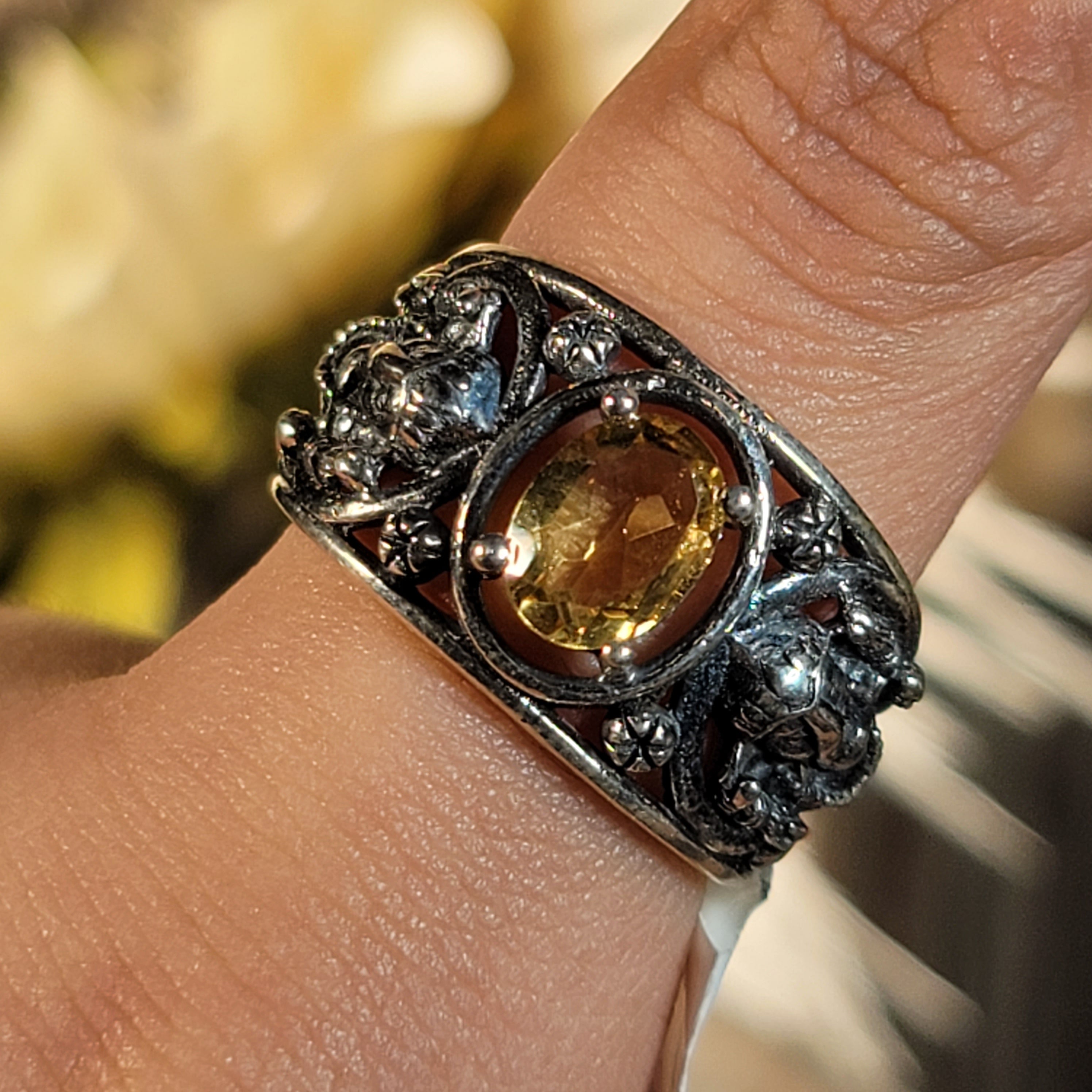 Citrine Ganesha Cuff Ring .925 Silver for Abundance, Good Luck and Positivity