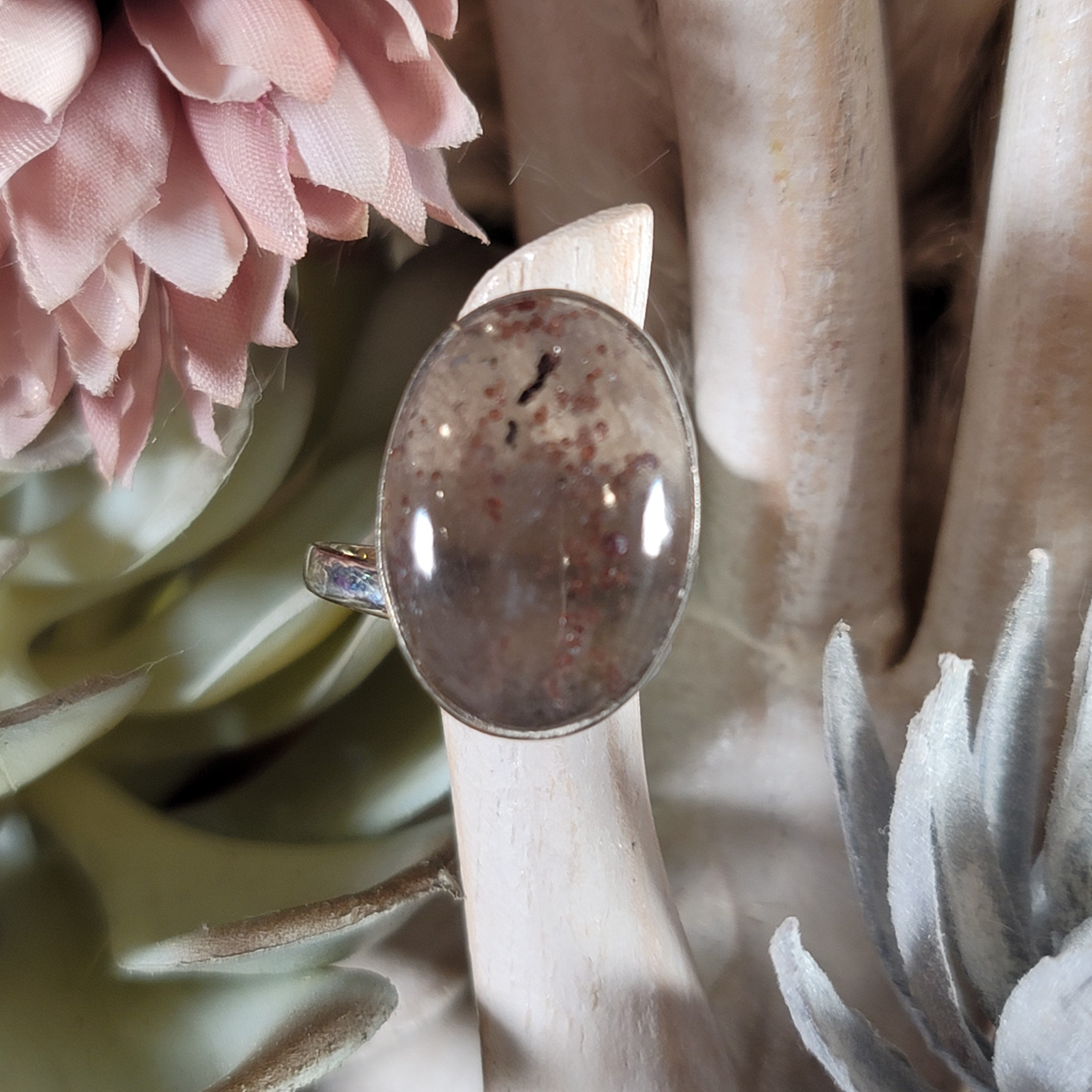 Garnet in Quartz .925 Silver Adjustable Ring for Manifesting Health, Grounding and Protection