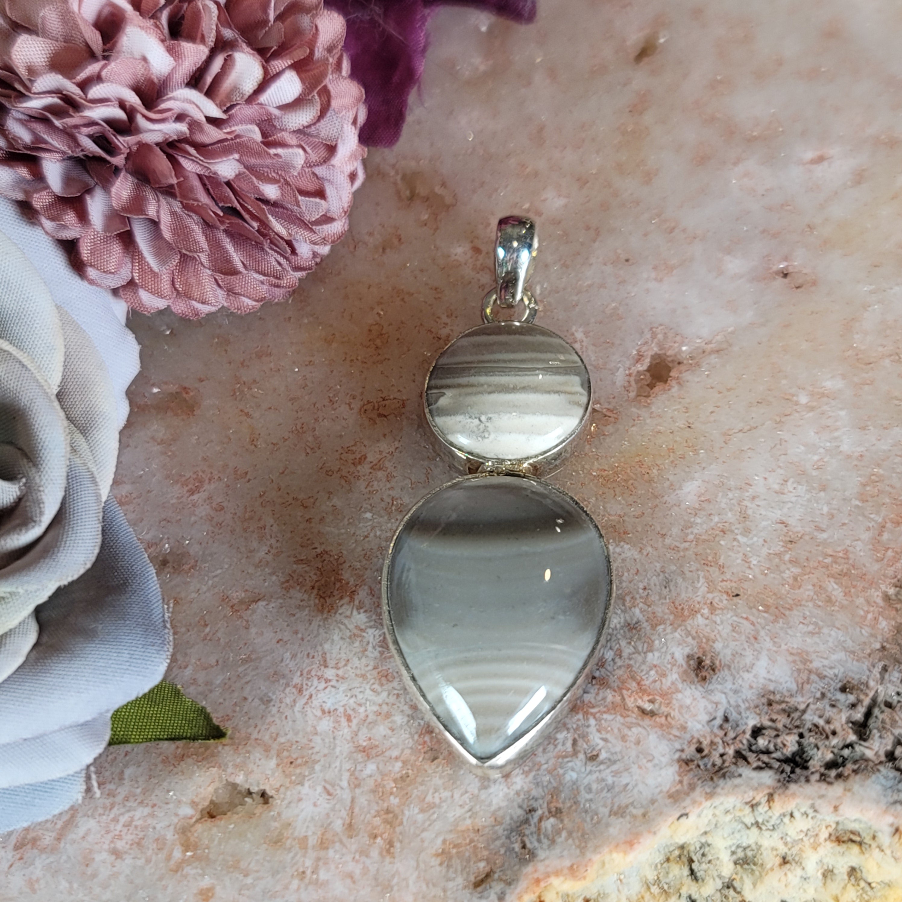 Polish Striped Flint Pendant .925 Silver for Powerful Protection Against Negative Energy