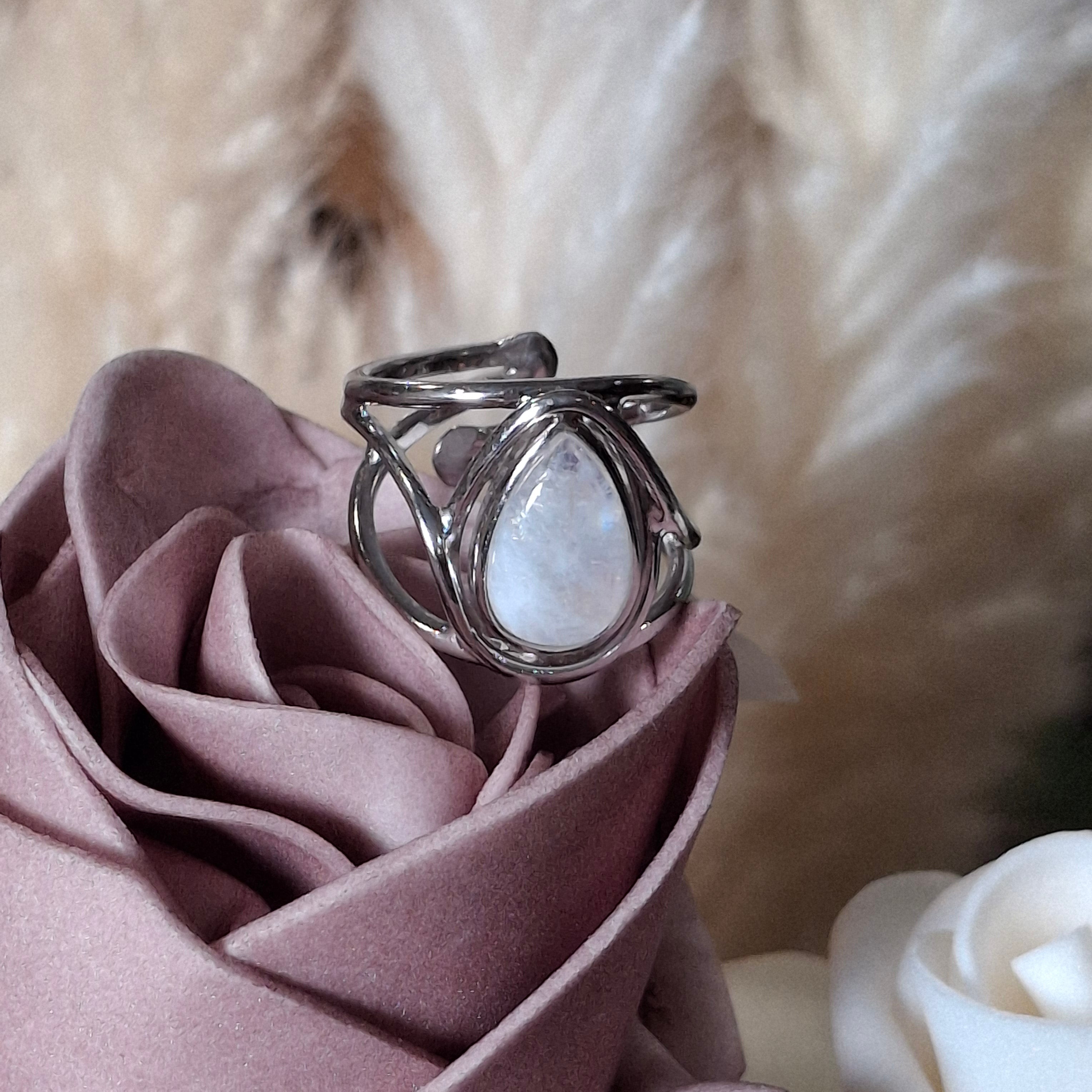 Rainbow Moonstone Cuff Ring .925 Silver for New Beginnings, Protection and Manifestation