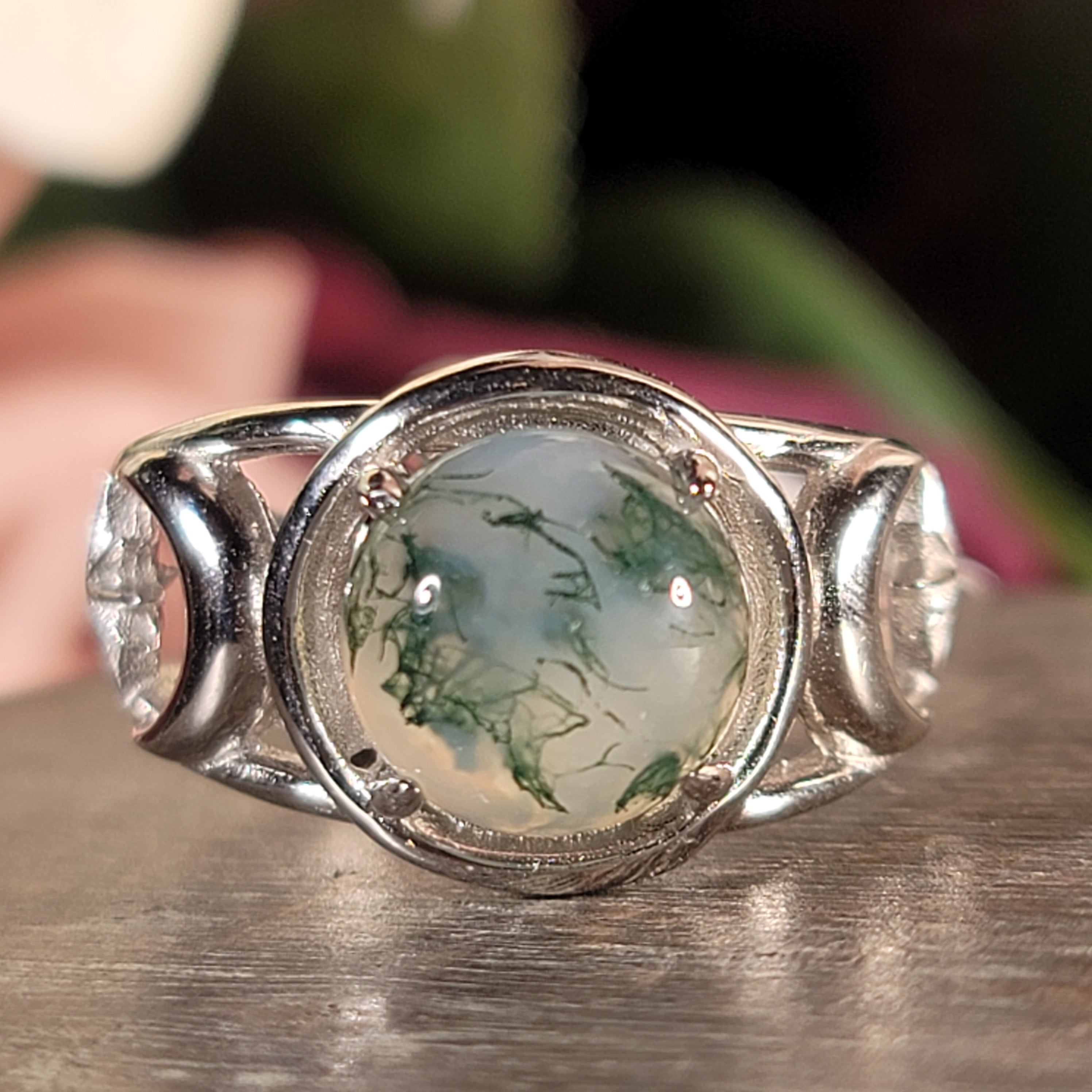 Moss Agate Triple Moon Adjustable Cuff Ring .925 Silver for Creating your Dreams