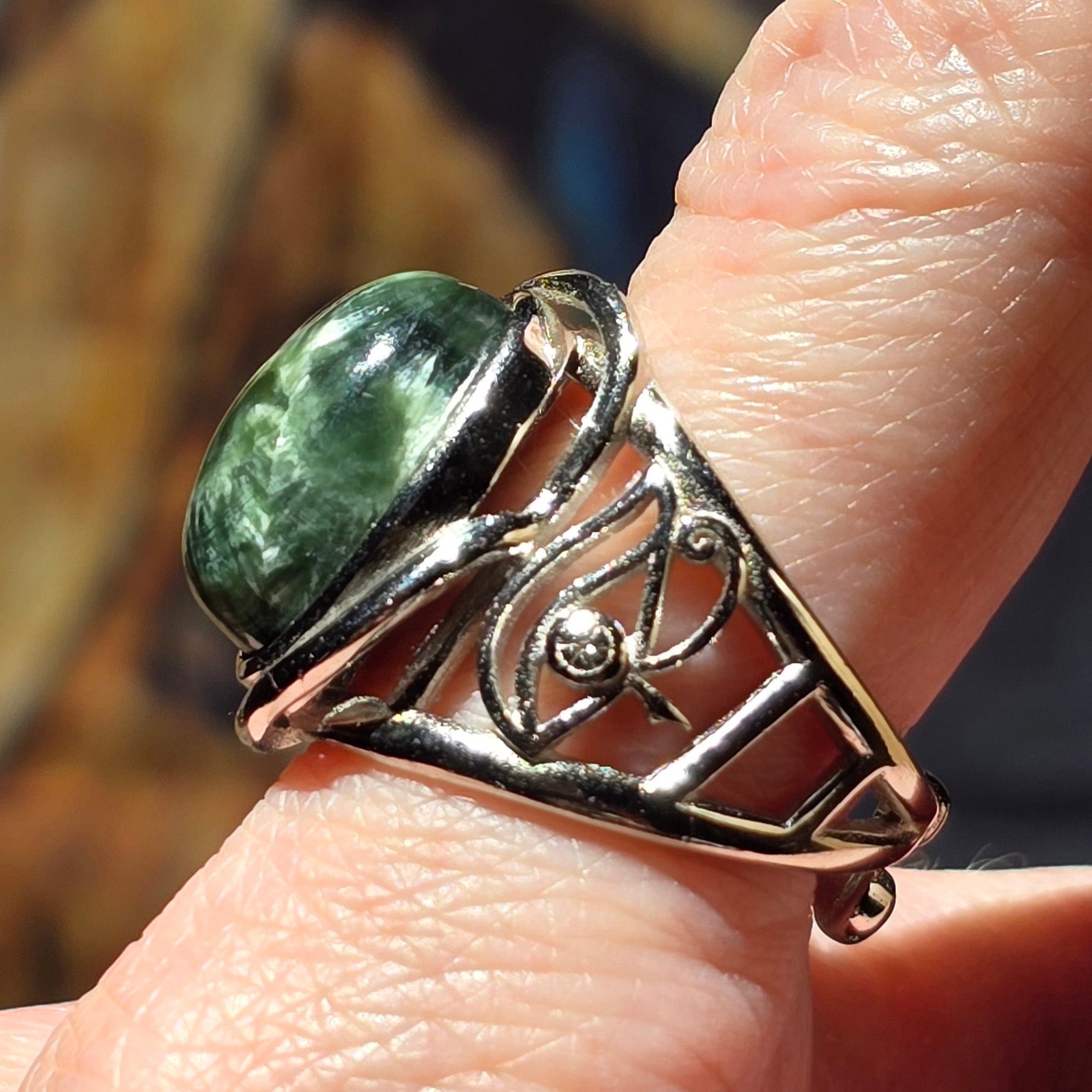 Seraphinite Egyptian Eye Adjustable Finger Cuff Ring .925 Silver for Angelic Connection, Healing and Regeneration