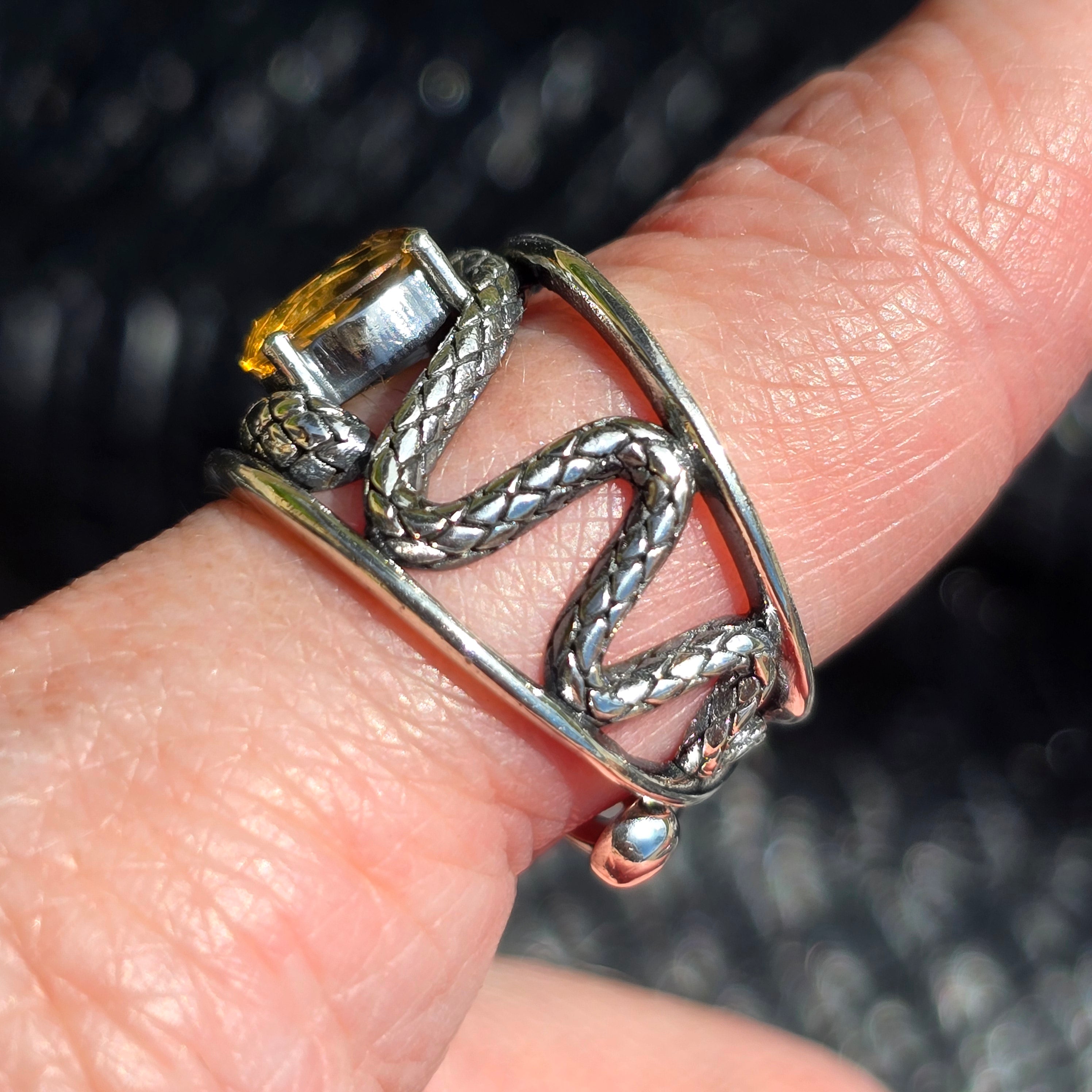 Baltic Amber Serpent Adjustable Finger Cuff Ring .925 Silver for Healing, Joy and Purification