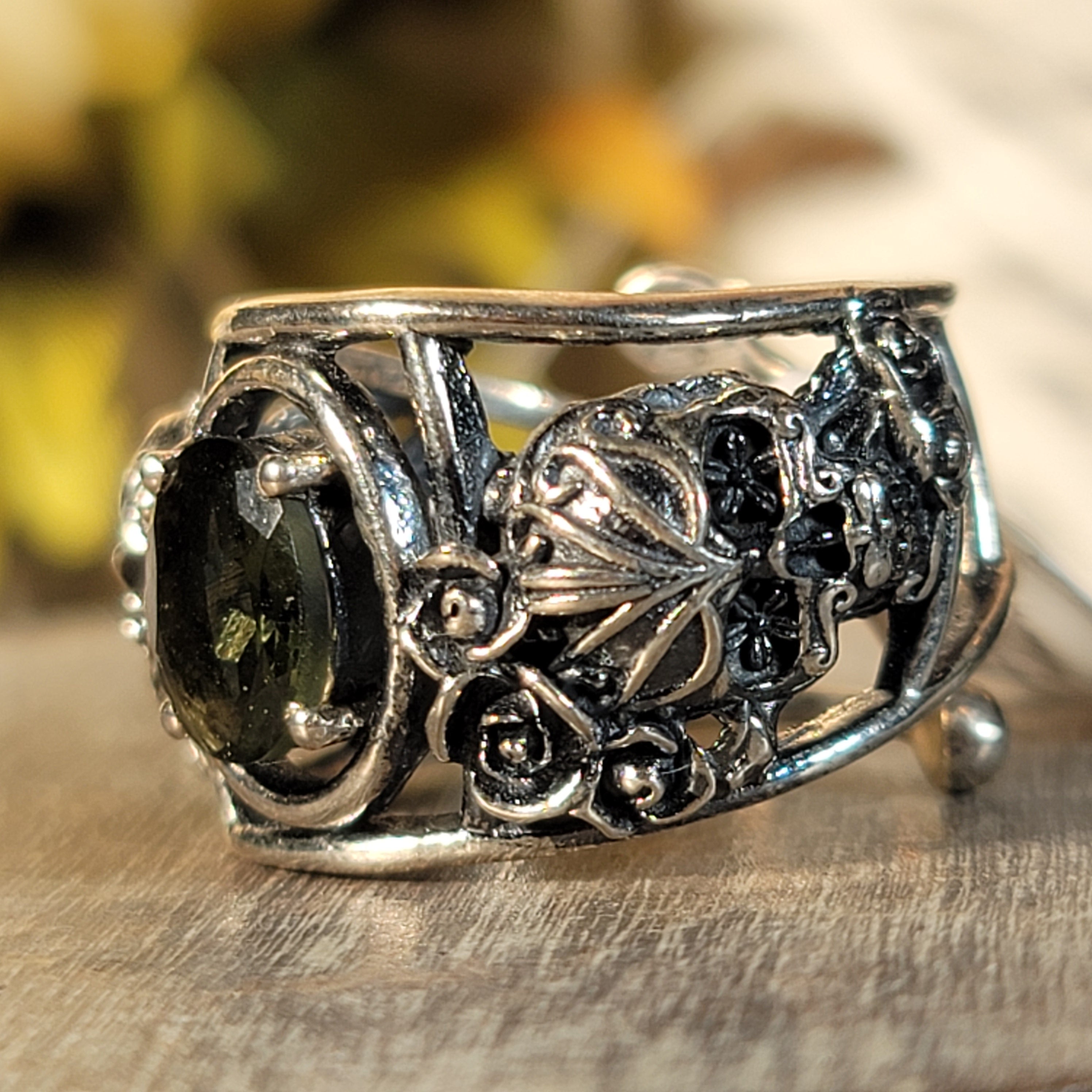 Moldavite Dia de los Muertos Cuff Ring .925 Silver for Manifesting your Dream Life