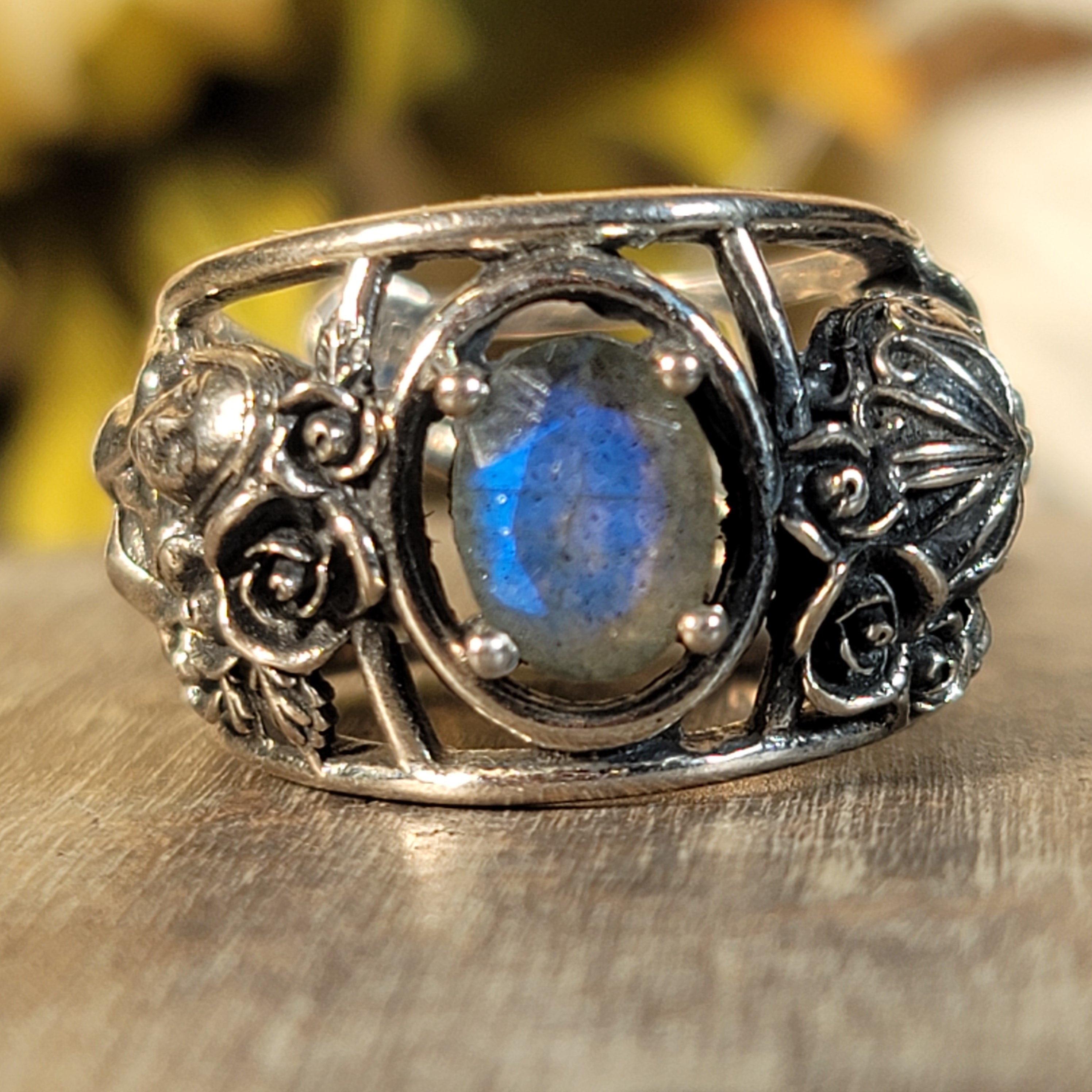 Labradorite Dia de los Muertos Cuff Ring .925 Silver for Insight, Magic, Protection and Transformation