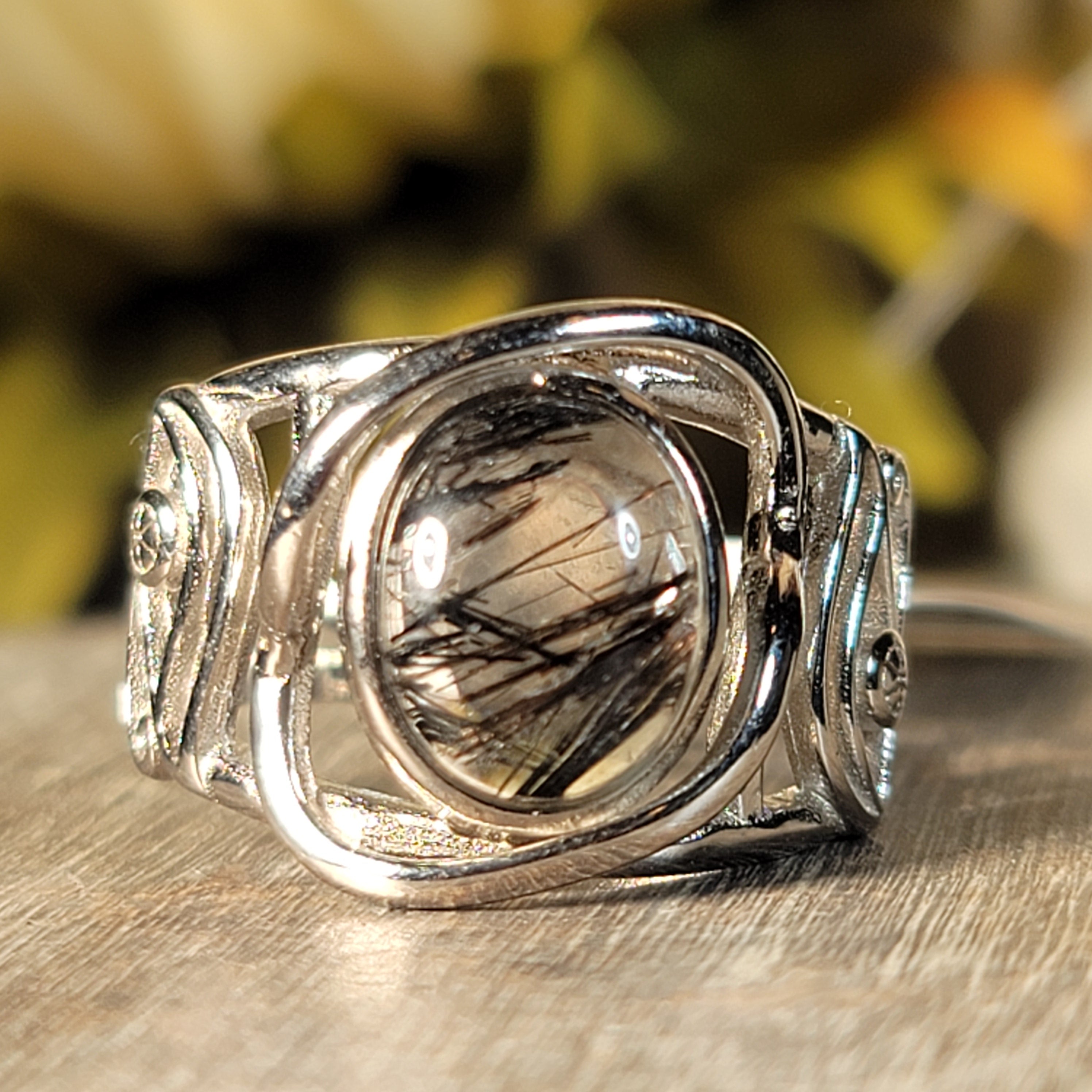 Black Tourmaline in Quartz Egyptian Eye Cuff Ring .925 Sterling Silver for Powerful Protection and Aura Cleansing