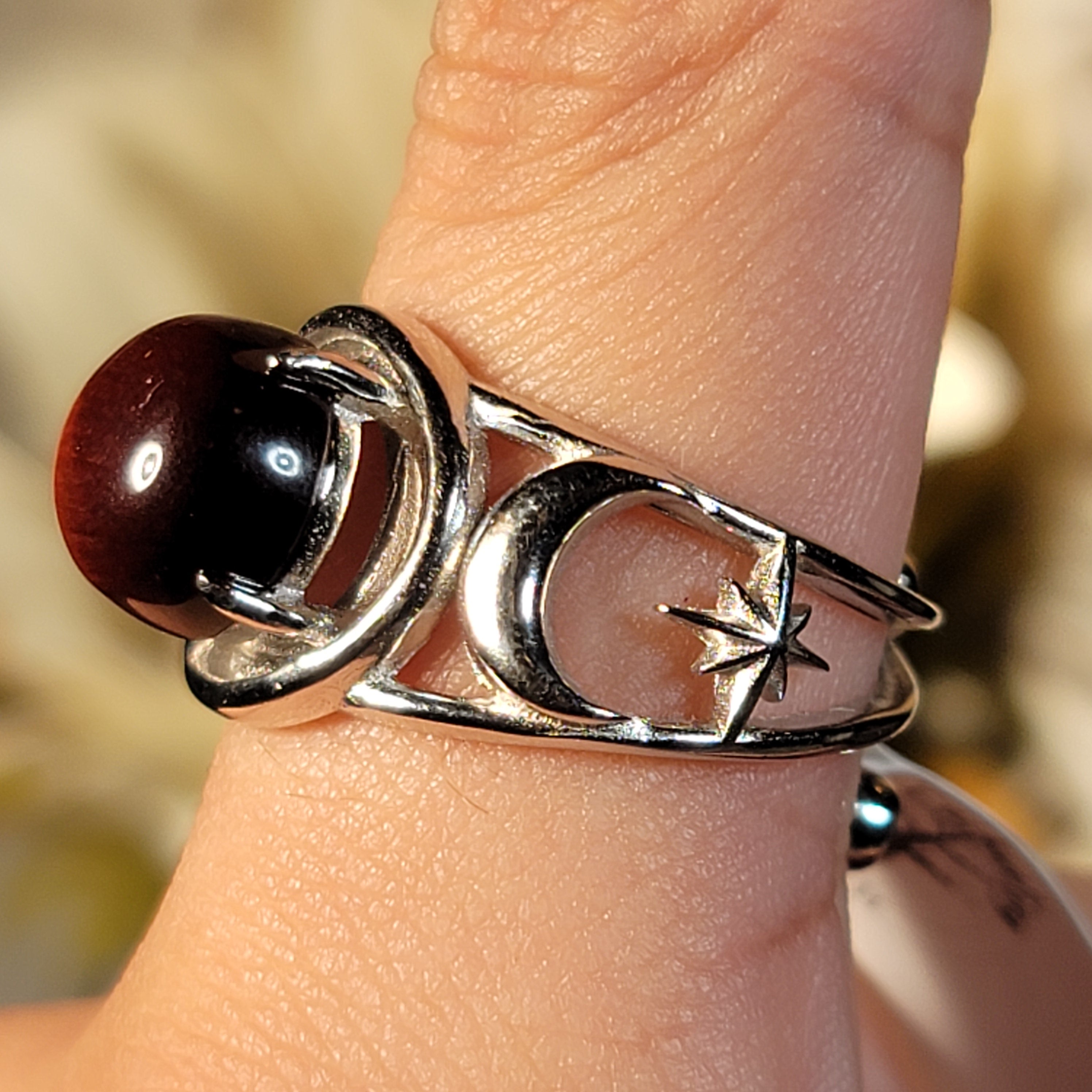 Red Tiger Eye Triple Moon Cuff Ring .925 Silver for Balancing Emotions, Motivation and Strength