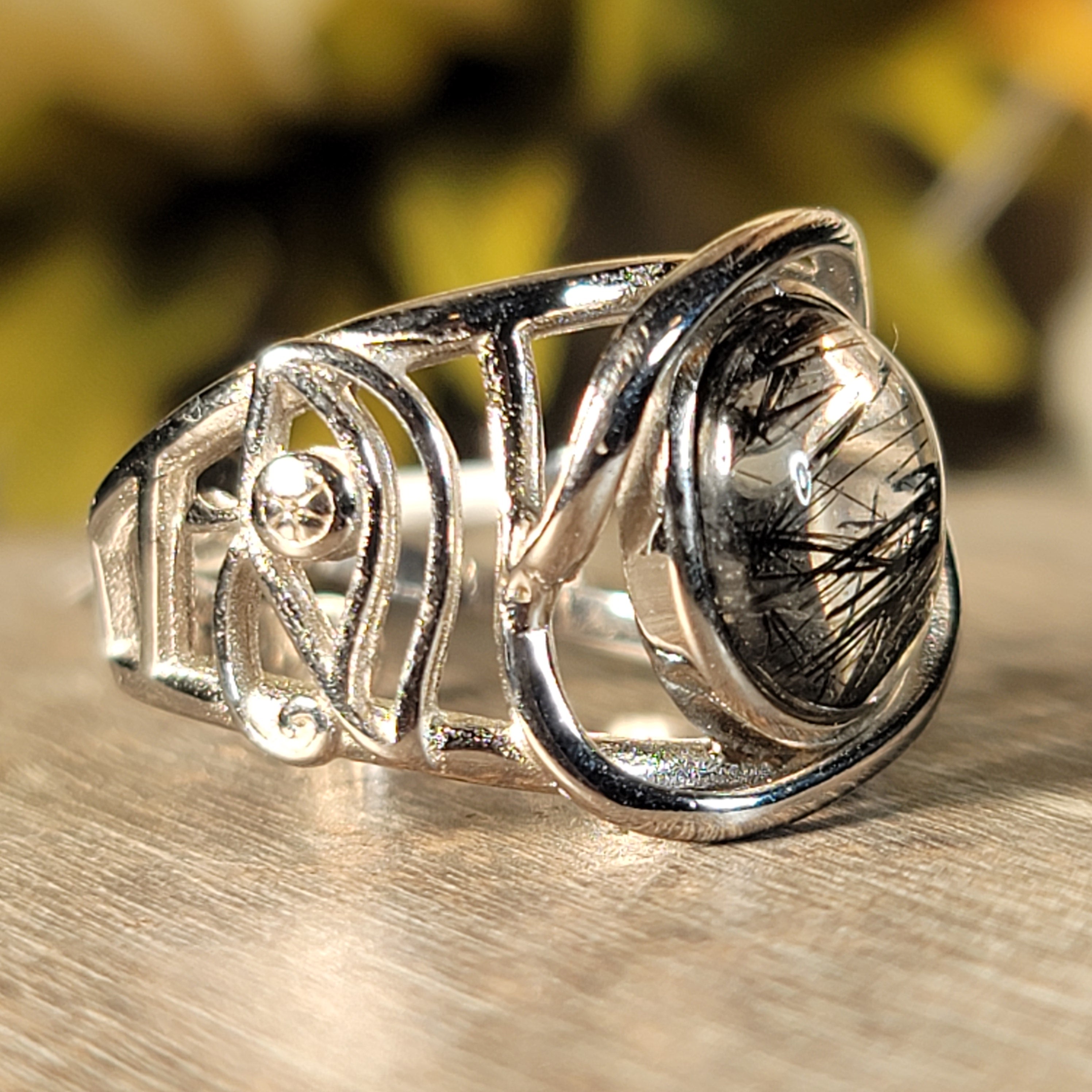 Black Tourmaline in Quartz Egyptian Eye Cuff Ring .925 Sterling Silver for Powerful Protection and Aura Cleansing