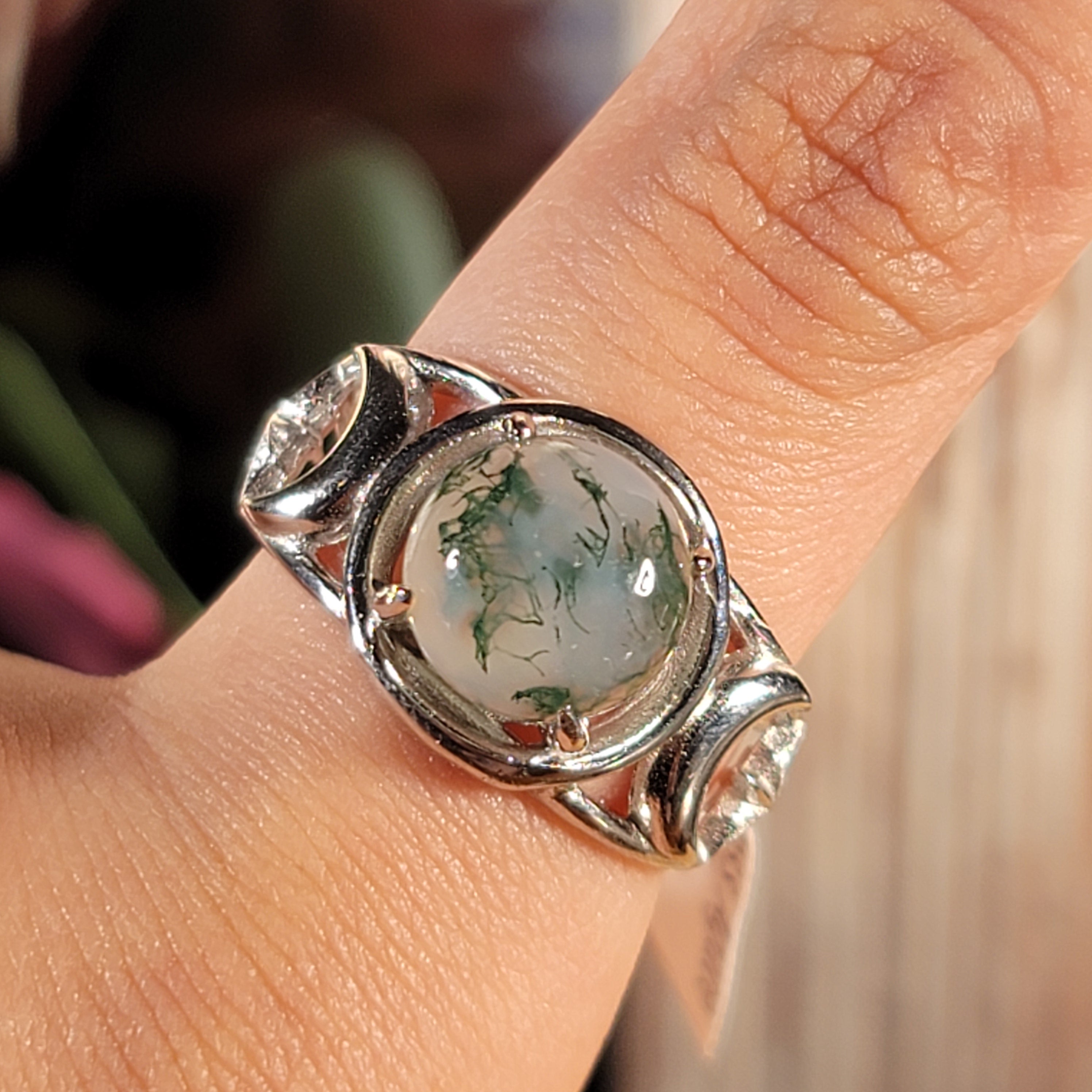 Moss Agate Triple Moon Adjustable Cuff Ring .925 Silver for Creating your Dreams