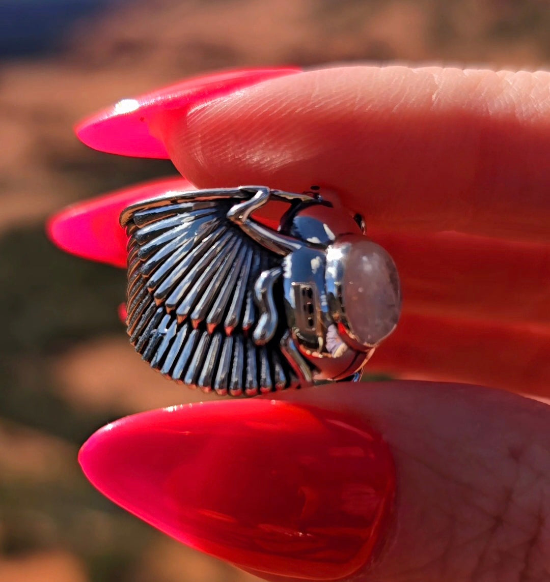 Rainbow Moonstone Scarab Finger Cuff Adjustable Ring .925 Silver for Intuition, Luck, Protection and Purification
