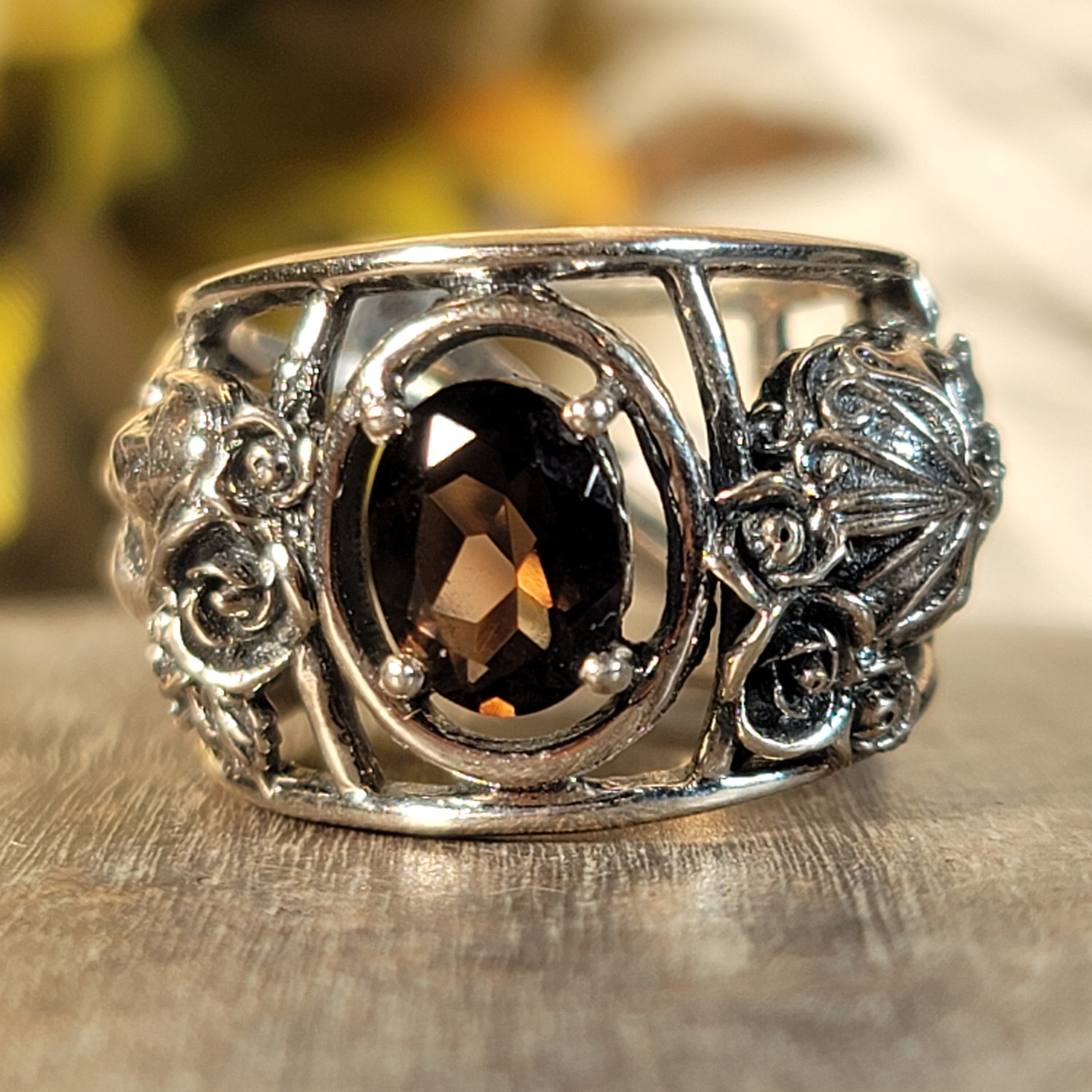 Smoky Quartz Dia de los Muertos Cuff Ring Adjustable Ring .925 Silver for Energetic Cleansing, Manifestation and Protection