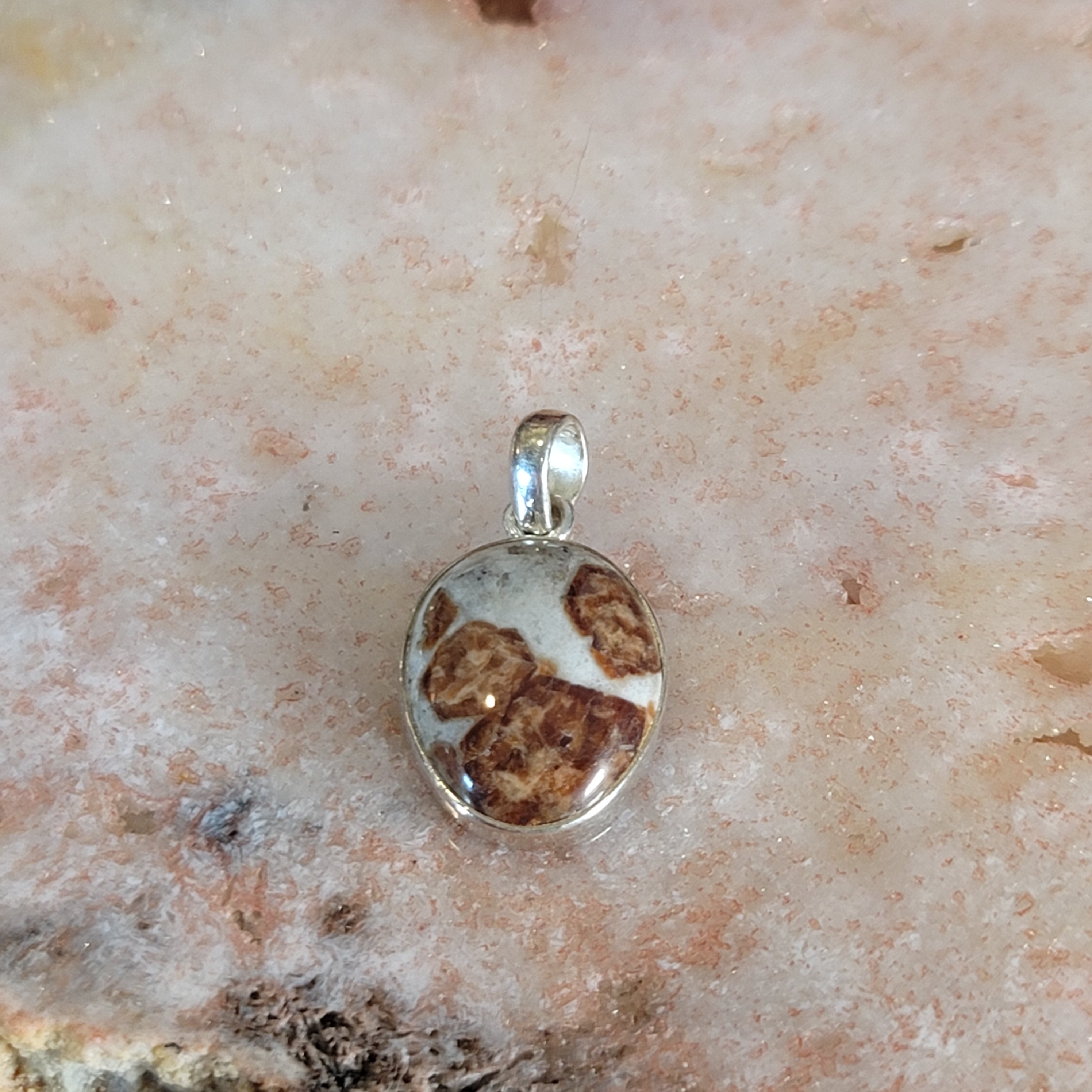 Spessartine Garnet in Wollastonite Pendant .925 Silver for Strength, Courage and Achievement