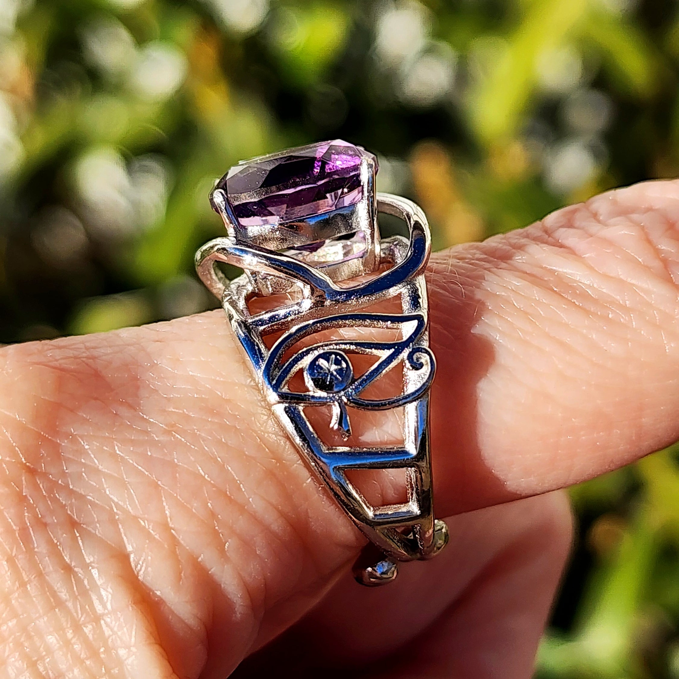 Amethyst Egyptian Eye Adjustable Finger Cuff Ring .925 Silver for Intuition, Luck, Protection and Purification