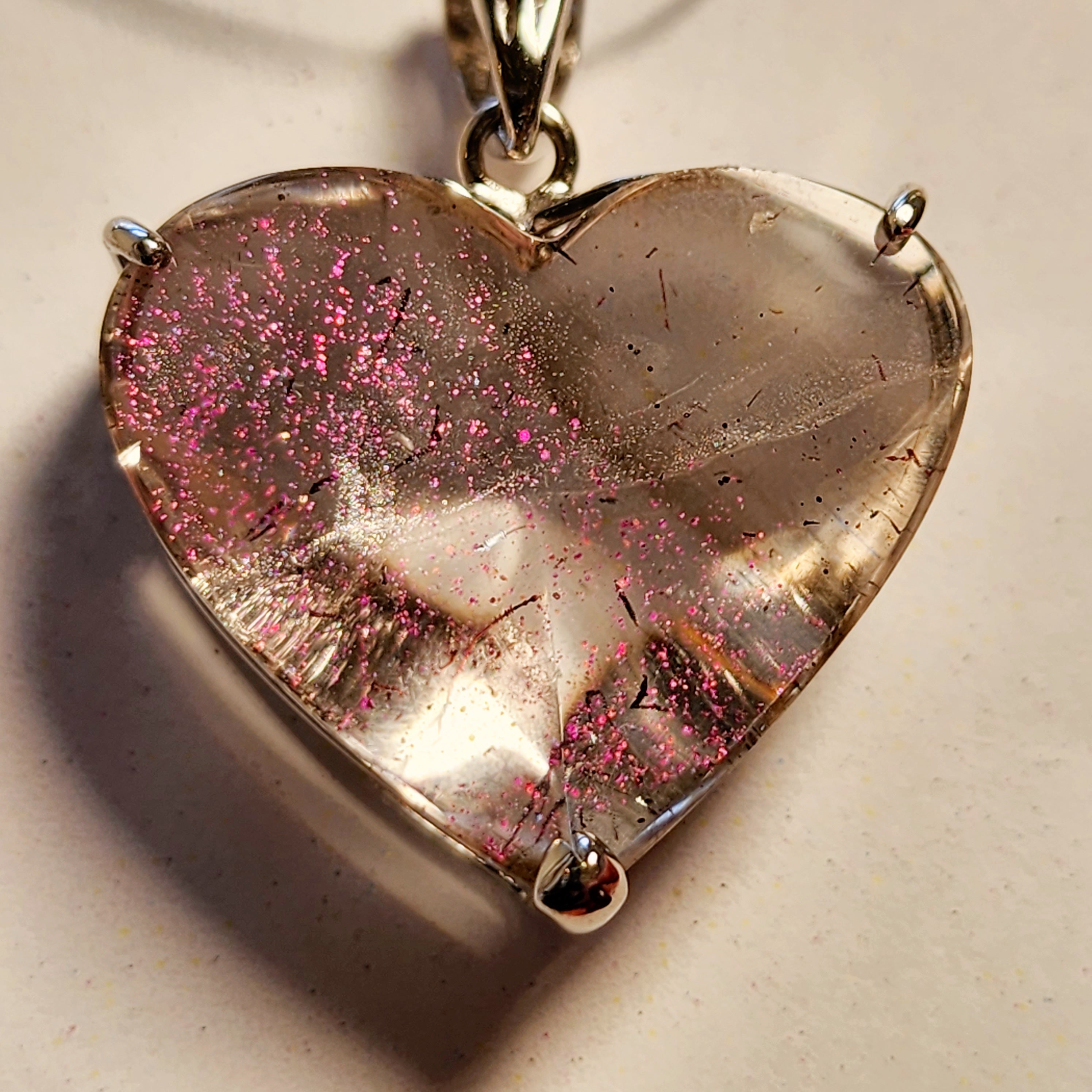 Pink Fire Covellite in Quartz Heart Pendant .925 Silver for Spiritual Evolution and Energy Flow