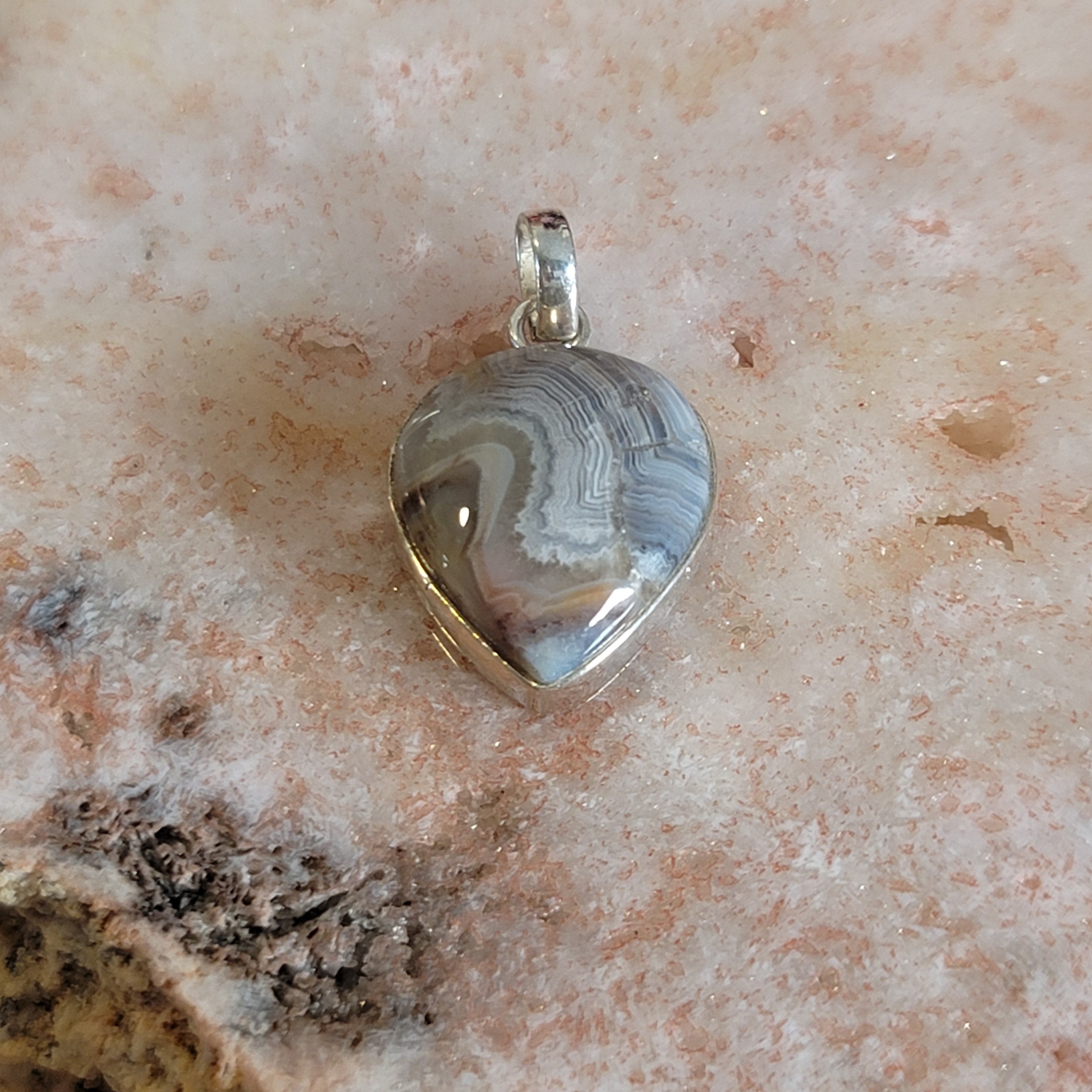 Grey Crazy Lace Agate Pendant .925 Silver for Joy and Protection