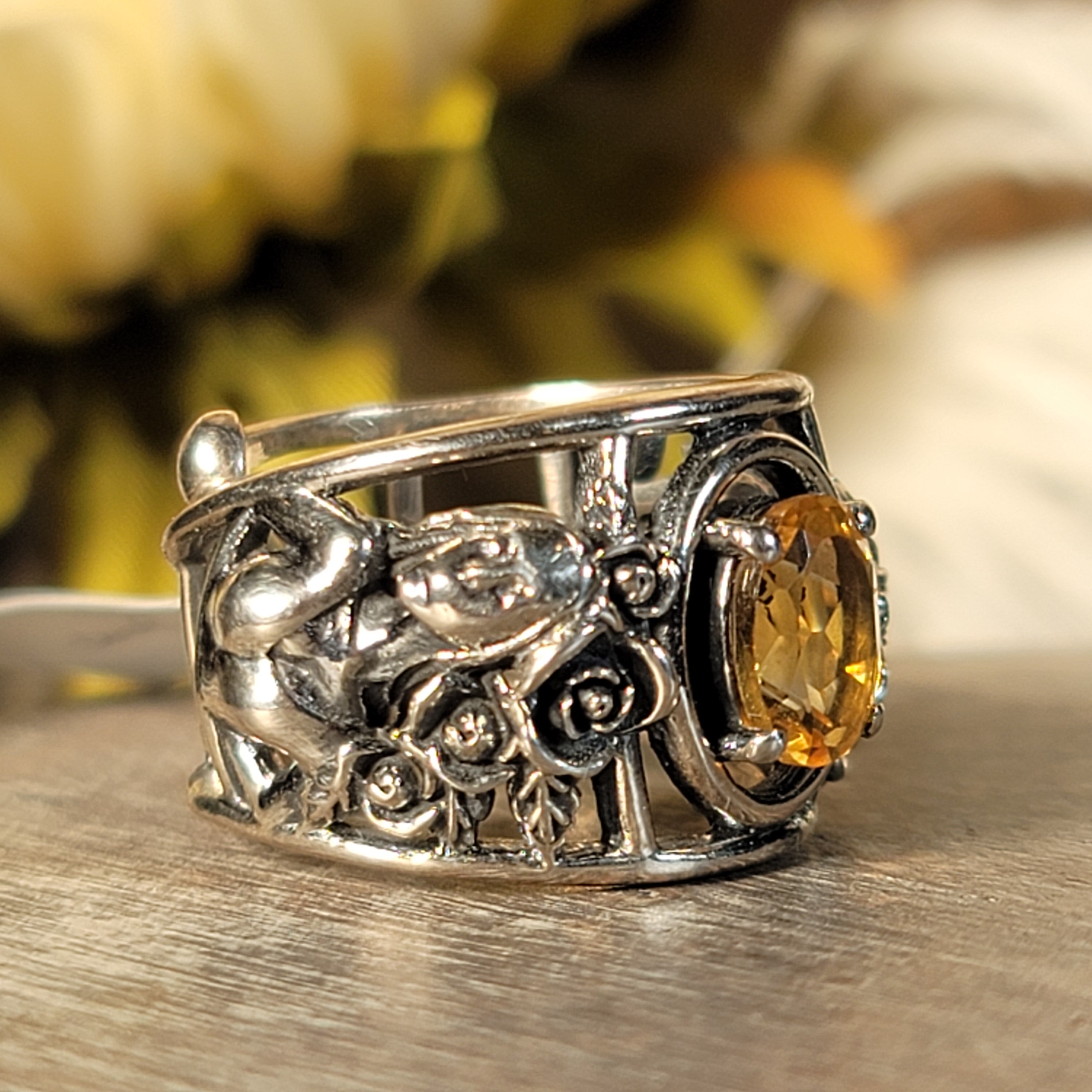 Citrine Dia de los Muertos Cuff Ring .925 Silver for Abundance, Good Luck and Positivity