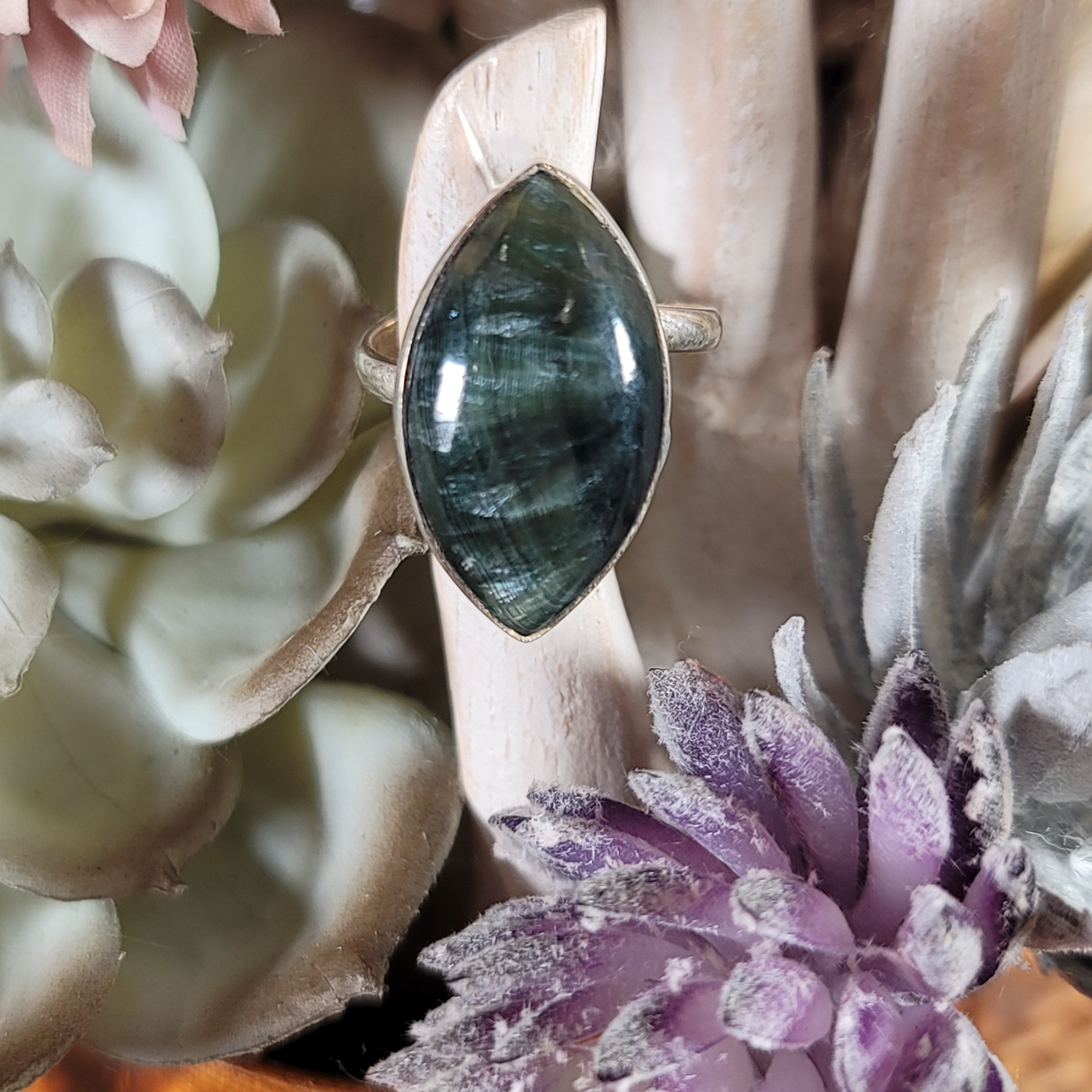 Seraphinite Adjustable Ring .925 Silver for Spiritual Advancement, Healing and Harmony