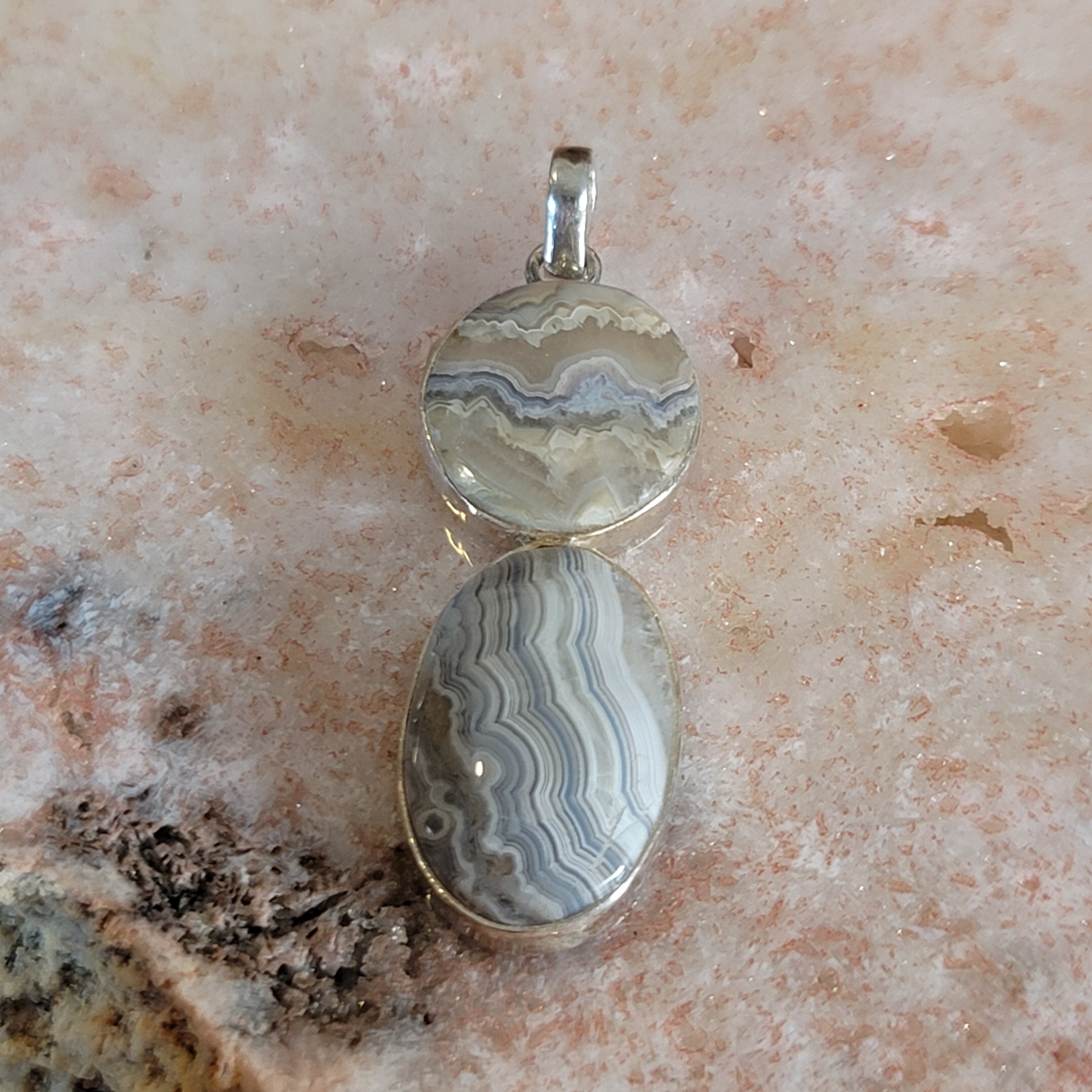 Grey Crazy Lace Agate Pendant .925 Silver for Joy and Protection