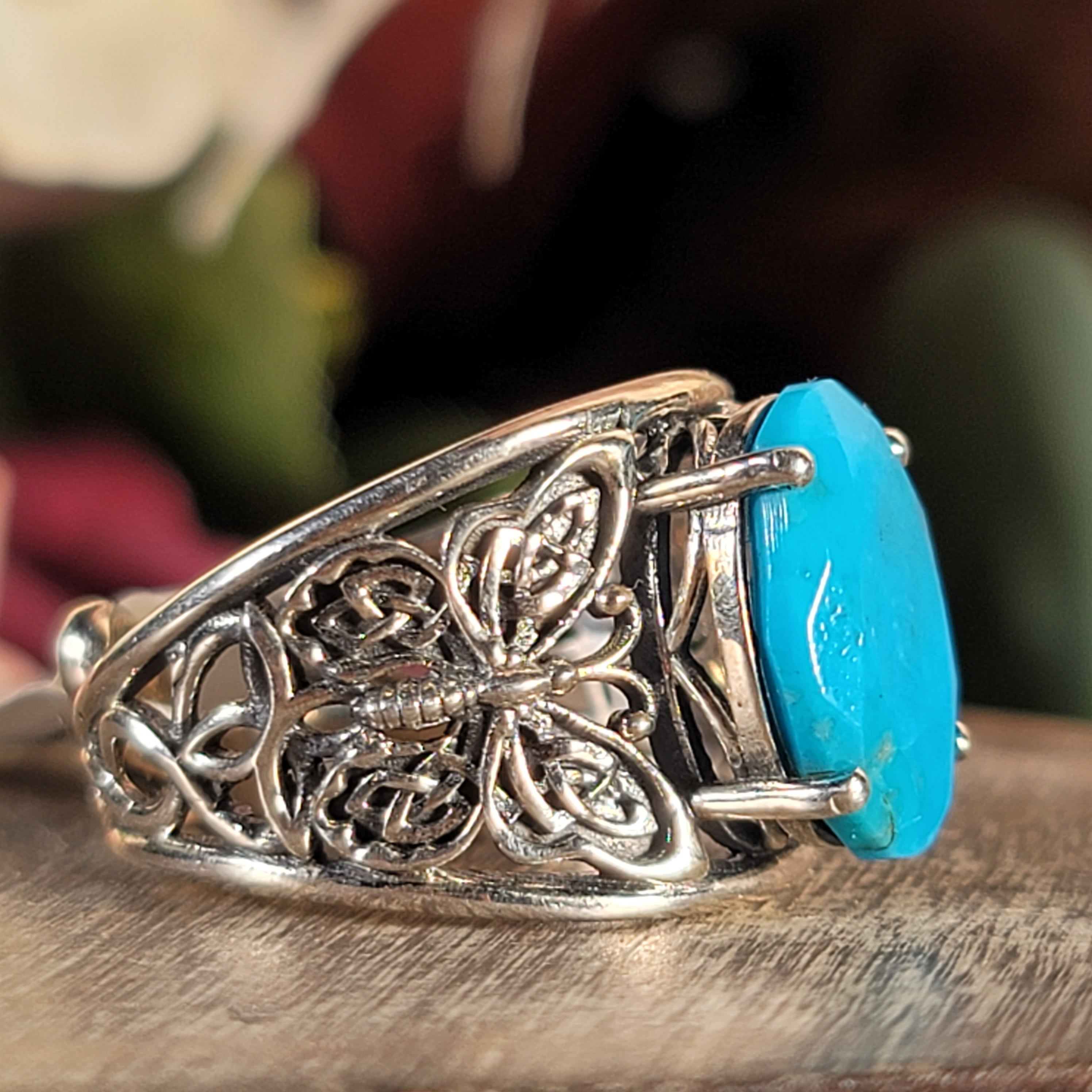 Turquoise Butterfly Finger Cuff Ring .925 Silver for Good Luck, Prosperity and Protection