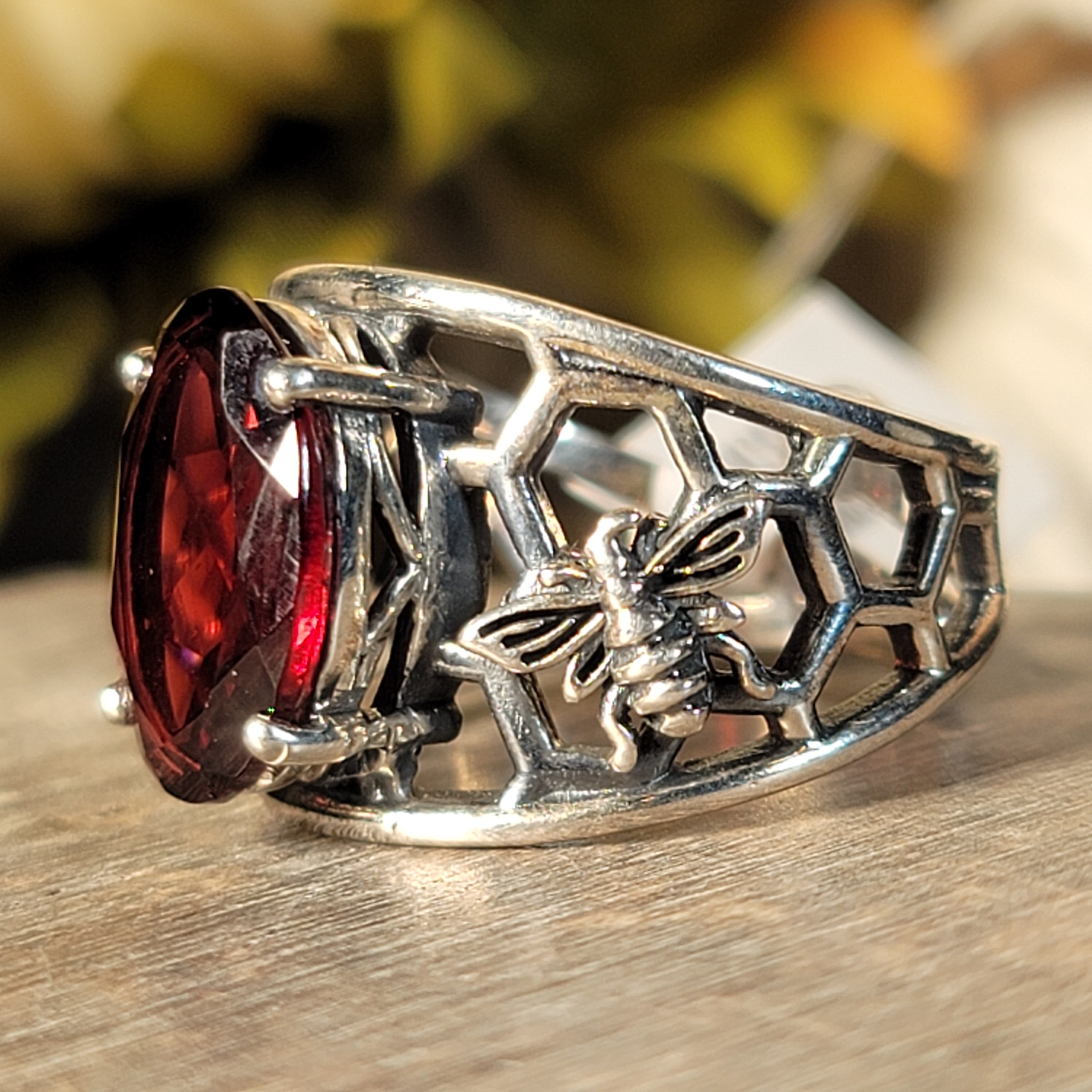 Garnet Bee Adjustable Cuff Ring .925 Silver for Health and Strength