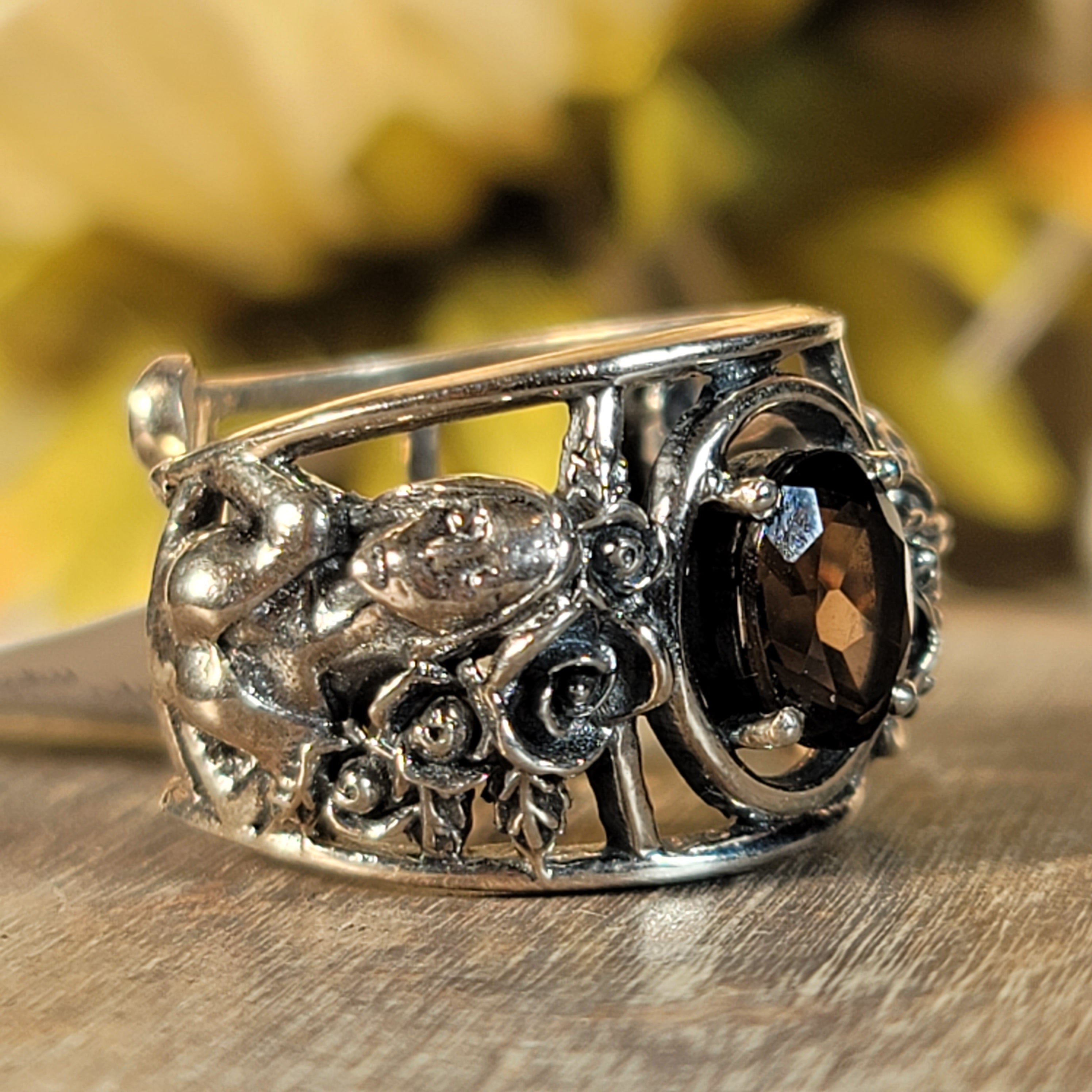 Smoky Quartz Dia de los Muertos Cuff Ring Adjustable Ring .925 Silver for Energetic Cleansing, Manifestation and Protection