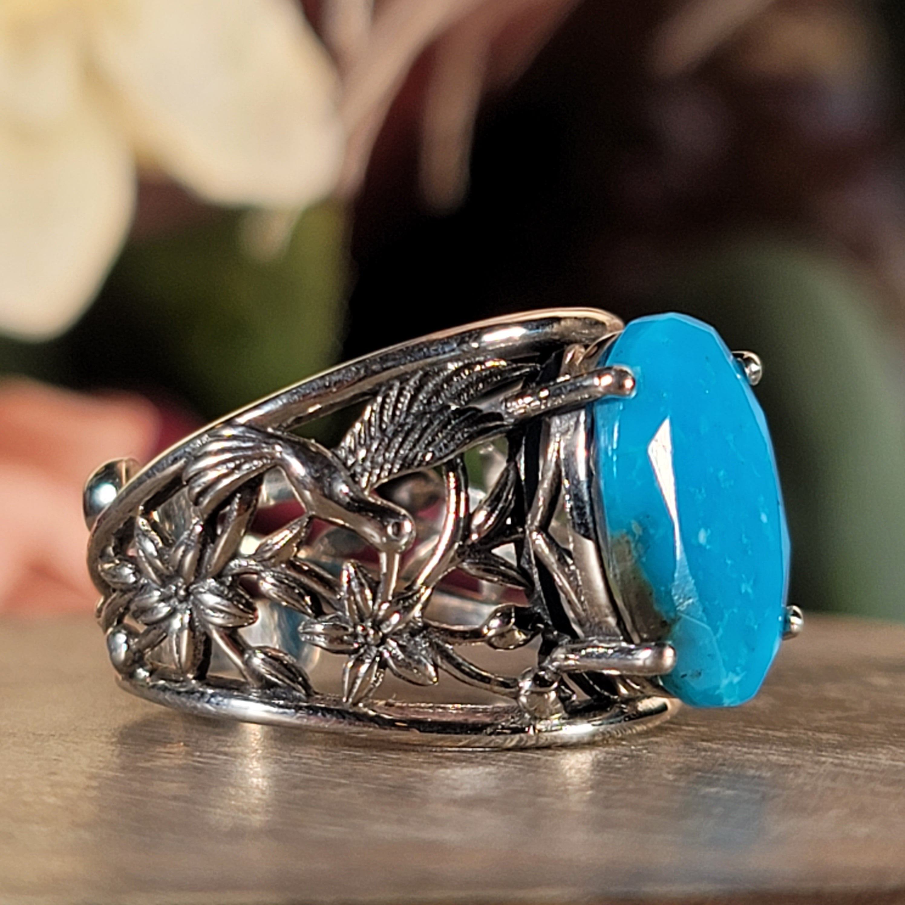 Turquoise Hummingbird Finger Cuff Ring .925 Silver for Good Luck, Prosperity and Protection