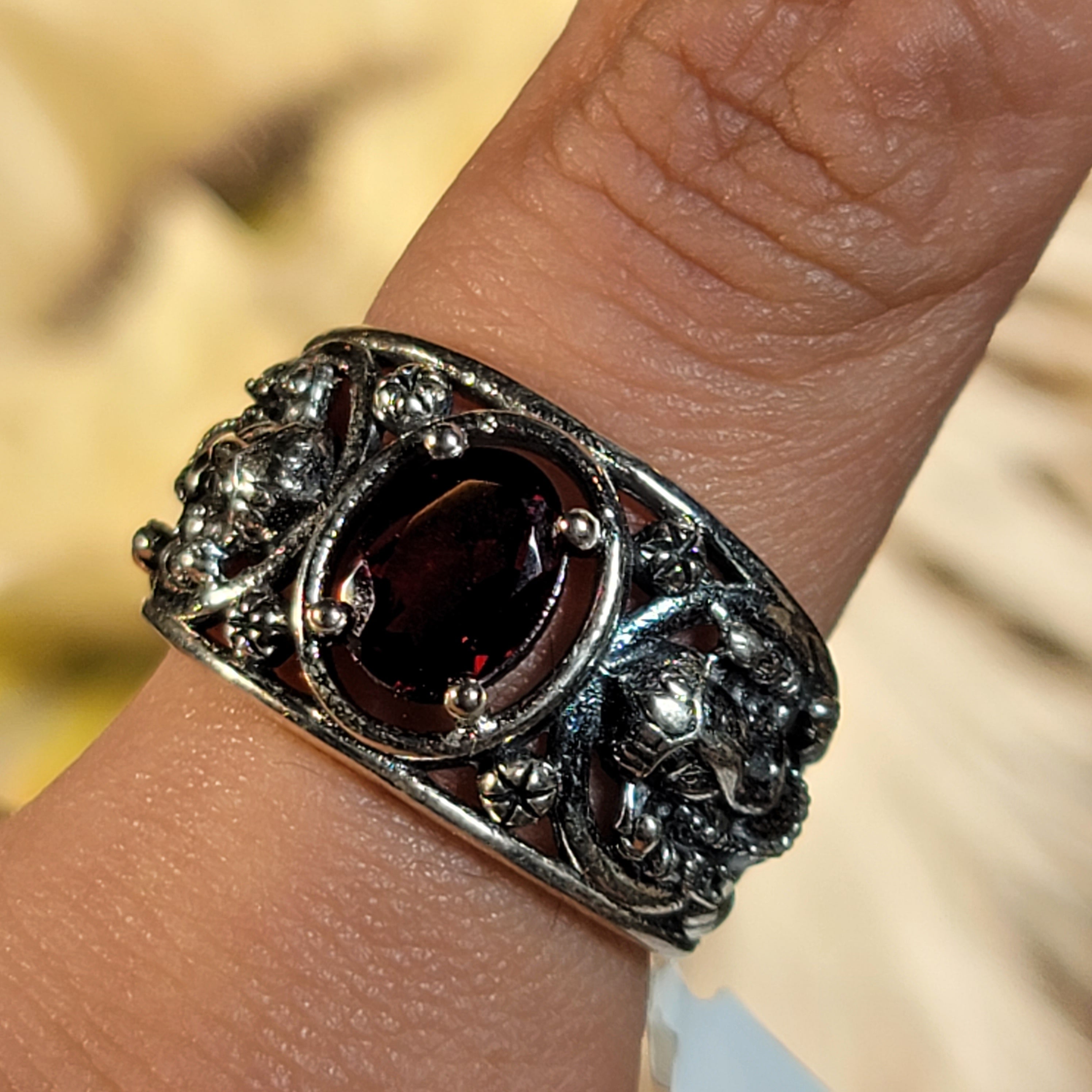 Garnet Ganesha Cuff Ring .925 Silver for Health and Strength