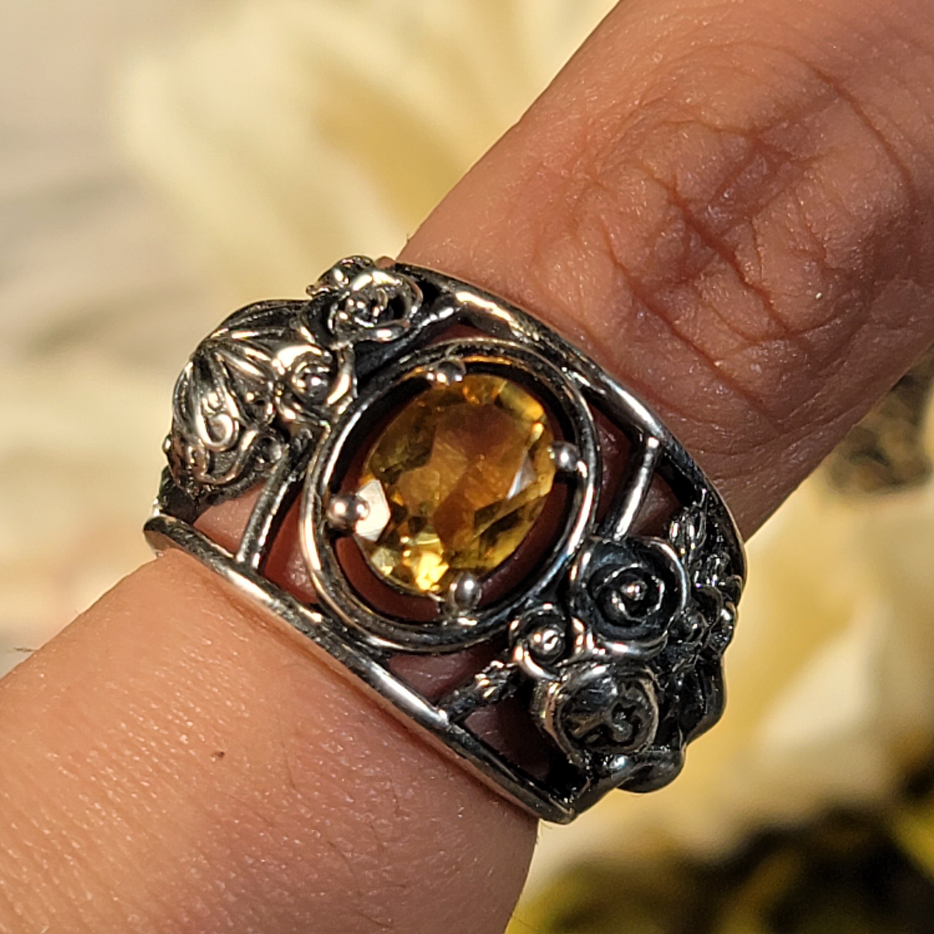 Citrine Dia de los Muertos Cuff Ring .925 Silver for Abundance, Good Luck and Positivity