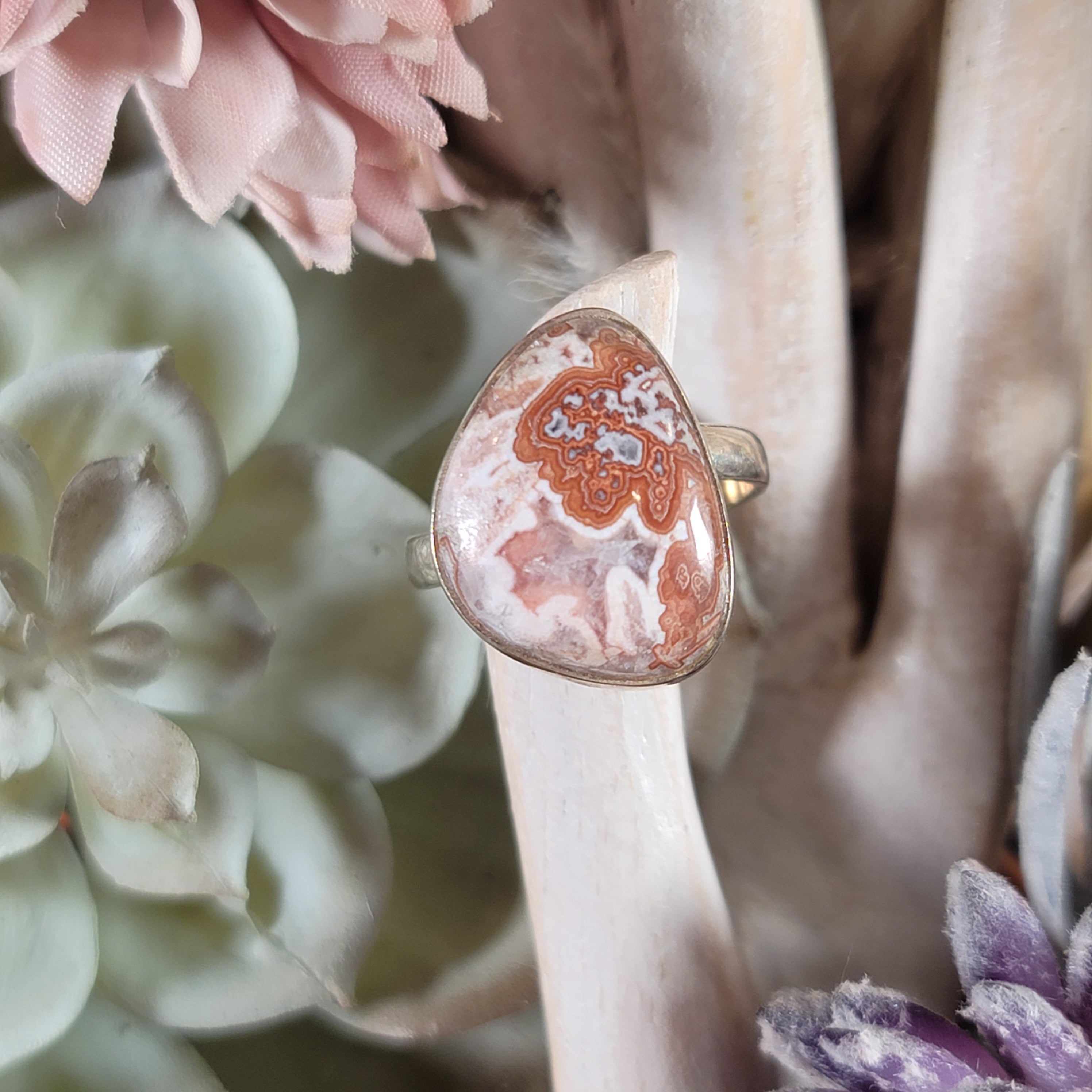 Crazy Lace Agate Adjustable Ring .925 Silver for Joy and Laughter