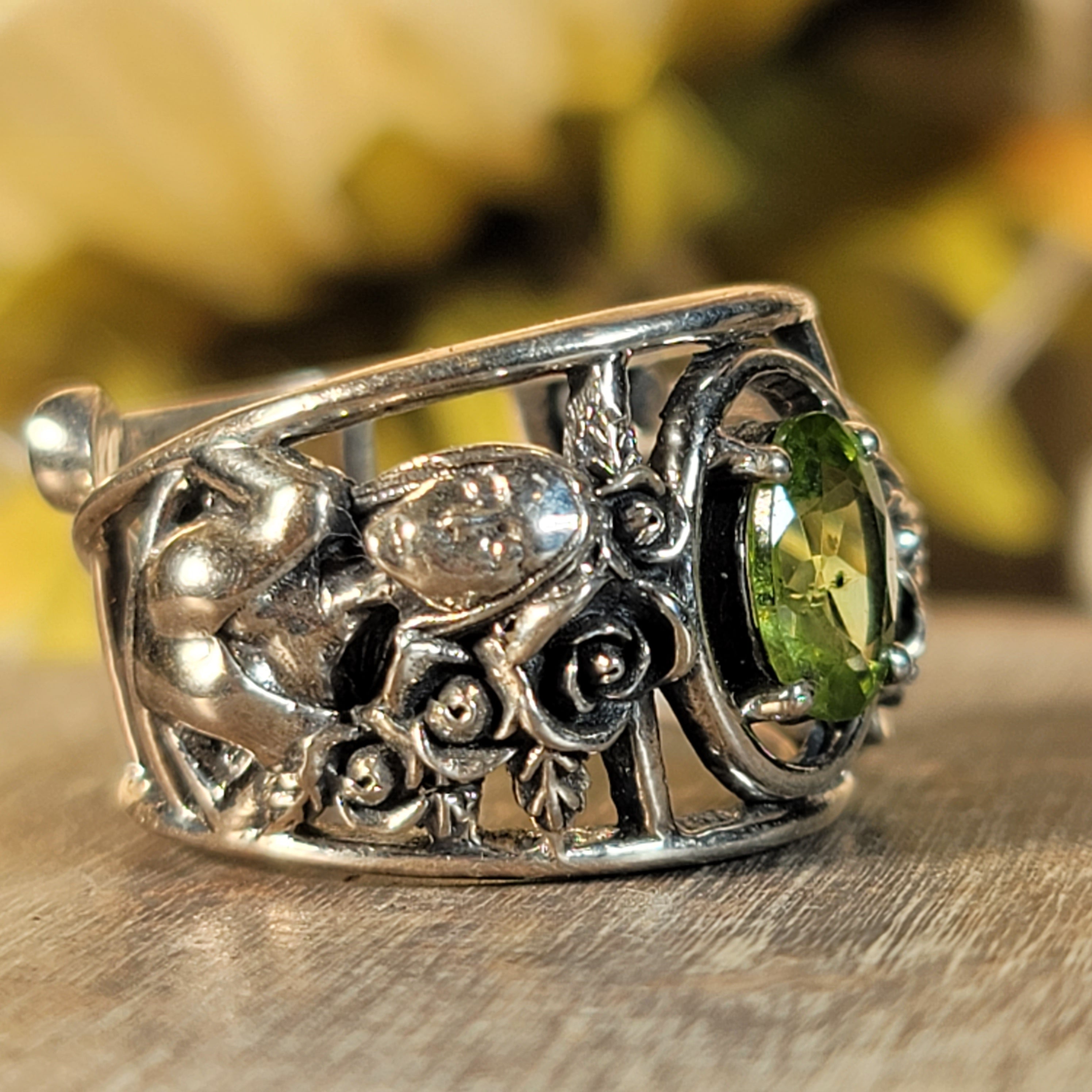 Peridot Dia de los Muertos Cuff Ring .925 Silver for Power, Prosperity and Protection