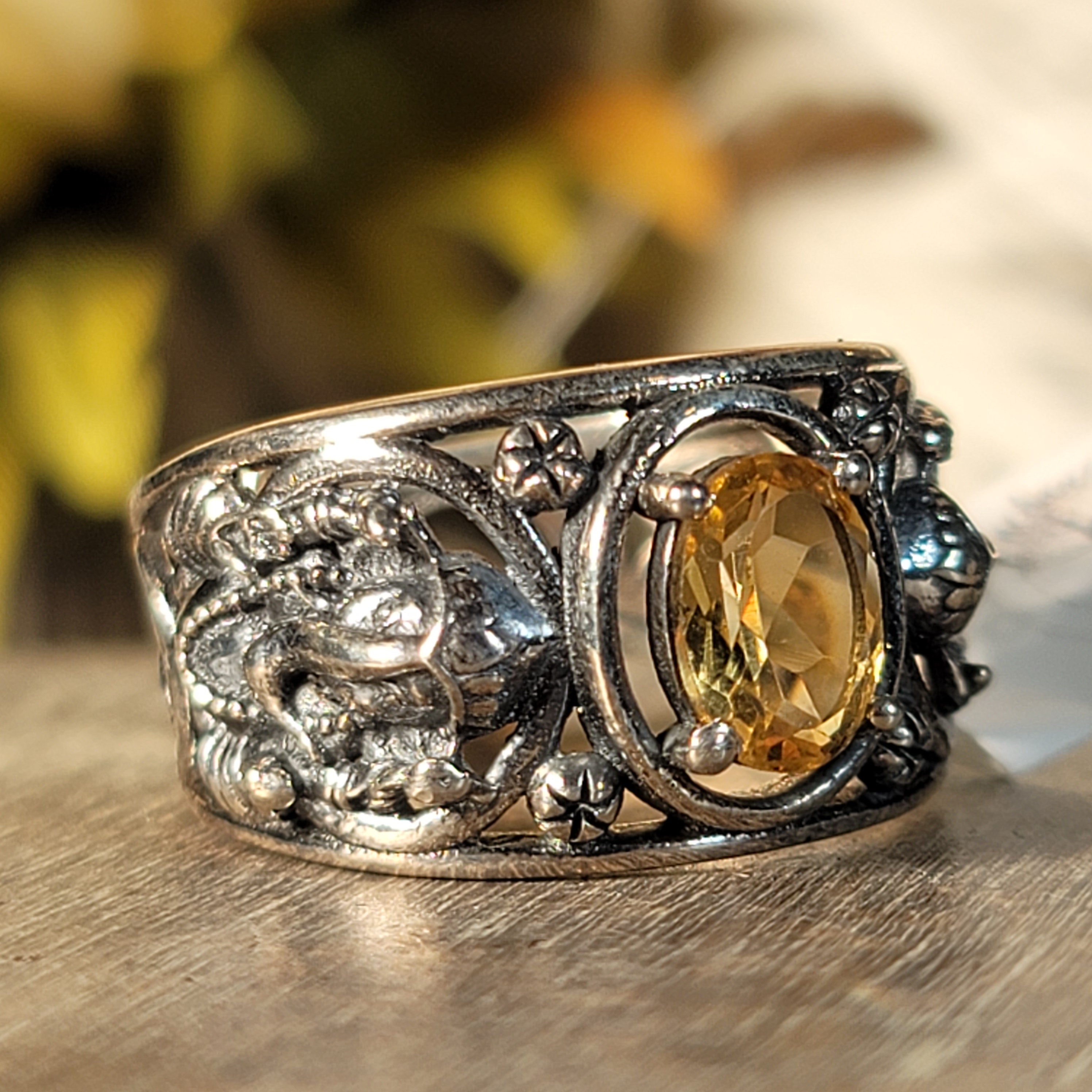 Citrine Ganesha Cuff Ring .925 Silver for Abundance, Good Luck and Positivity