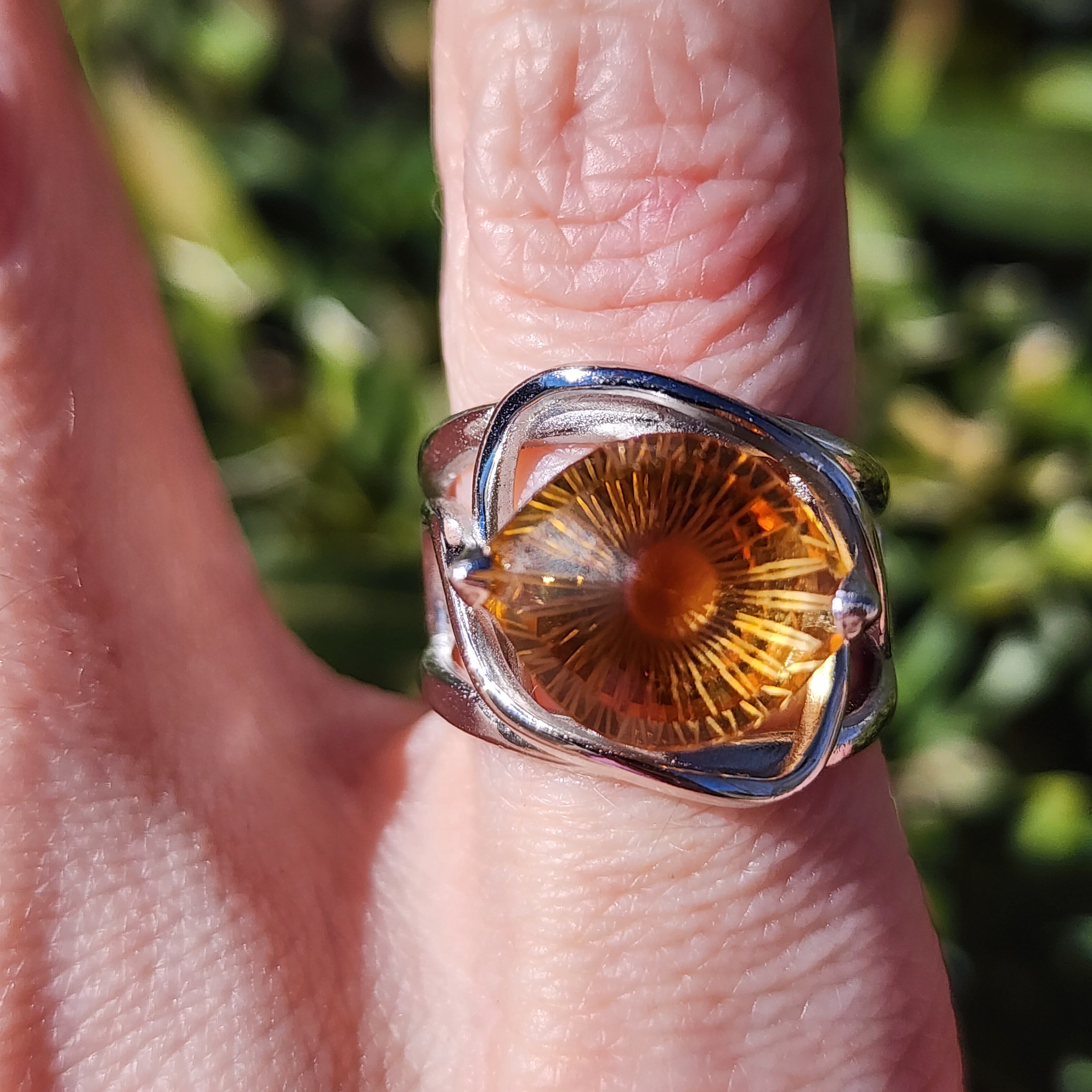 Citrine Evil Eye Adjustable Finger Cuff Ring .925 Silver for Abundance, Intuition, Luck and Protection