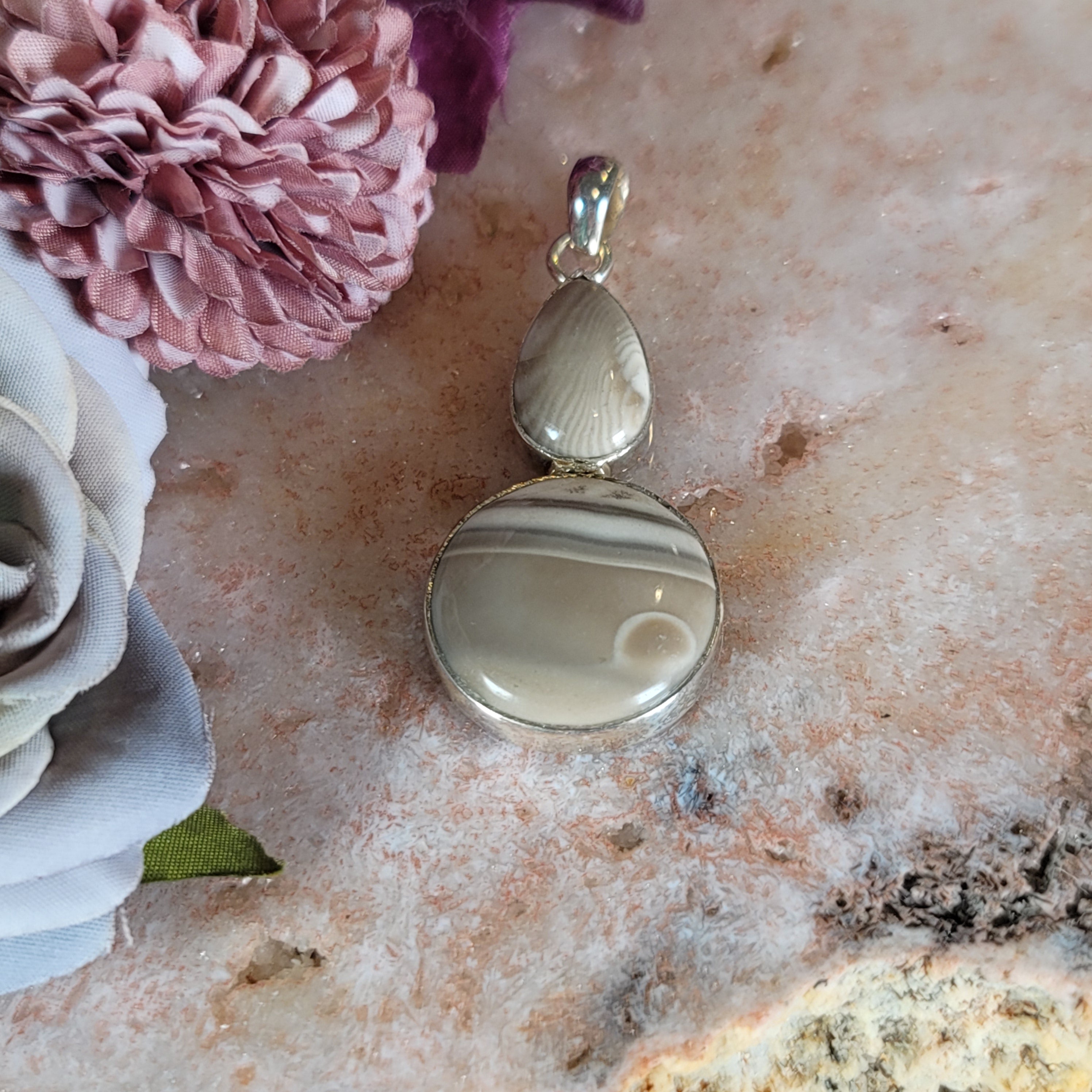 Polish Striped Flint Pendant .925 Silver for Powerful Protection Against Negative Energy