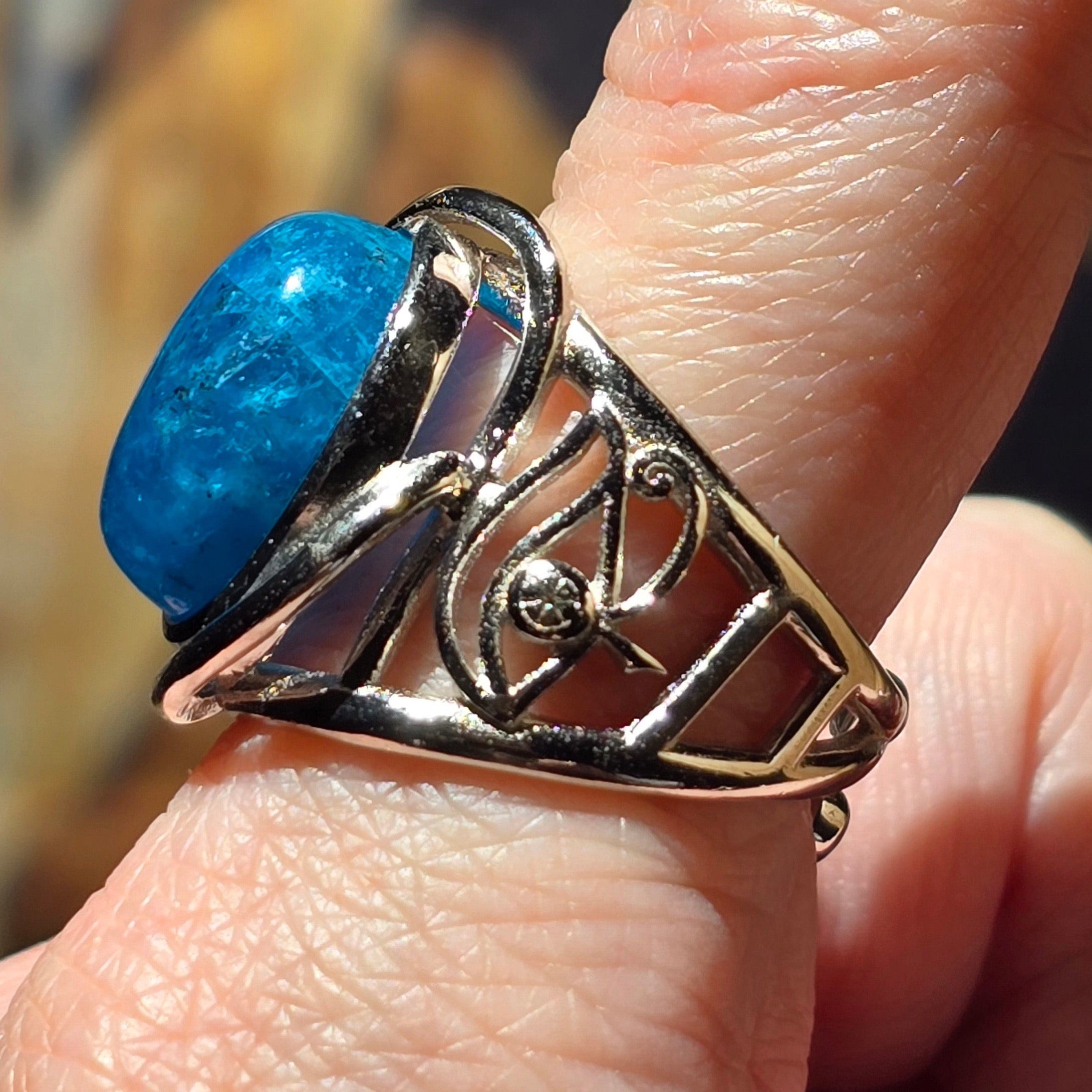 Blue Apatite Egyptian Eye Adjustable Finger Cuff Ring .925 Silver for Overall Health and Wellness