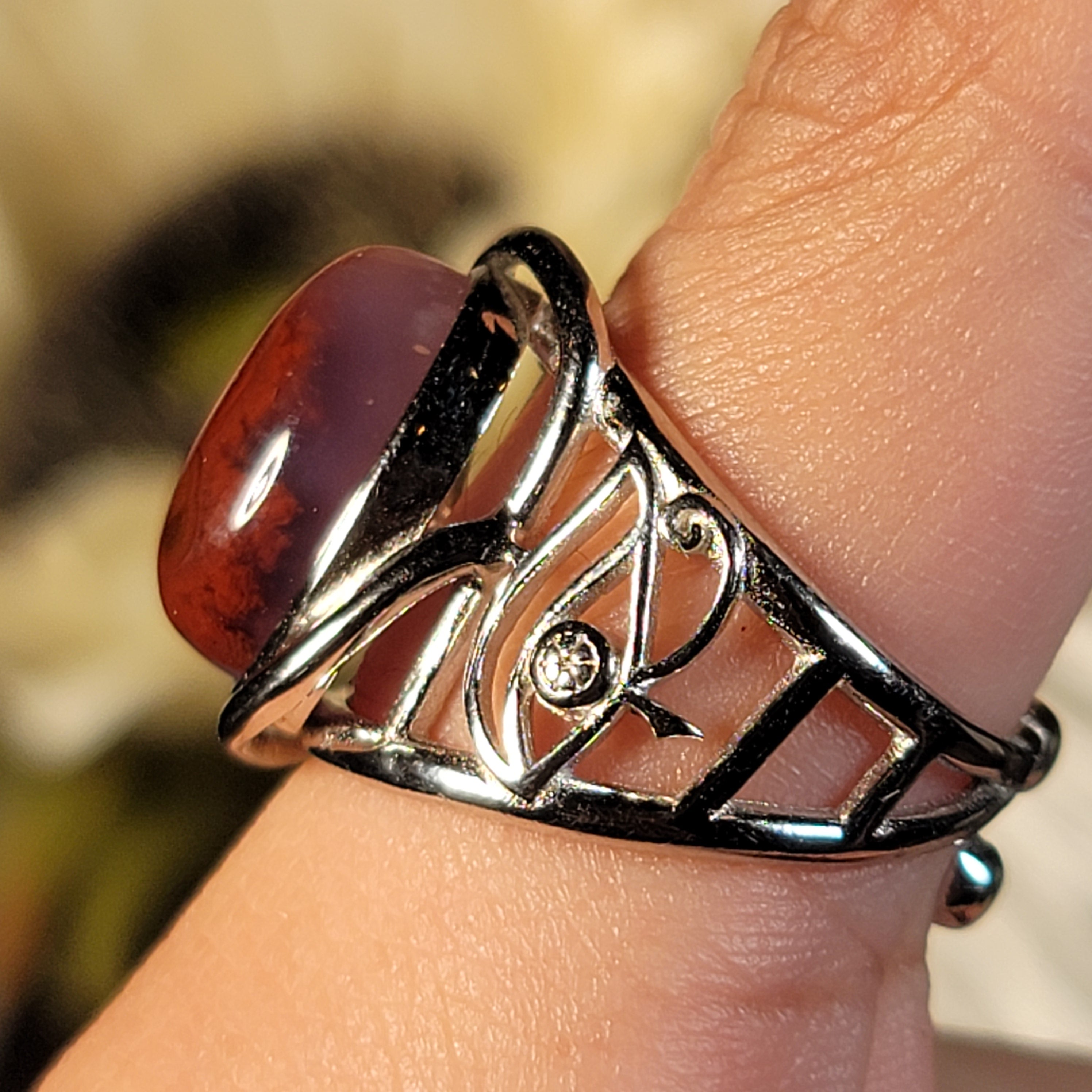 Red Plume Chalcedony Egyptian Eye Adjustable Cuff Ring .925 Silver for Emotional Healing, Joy and Love