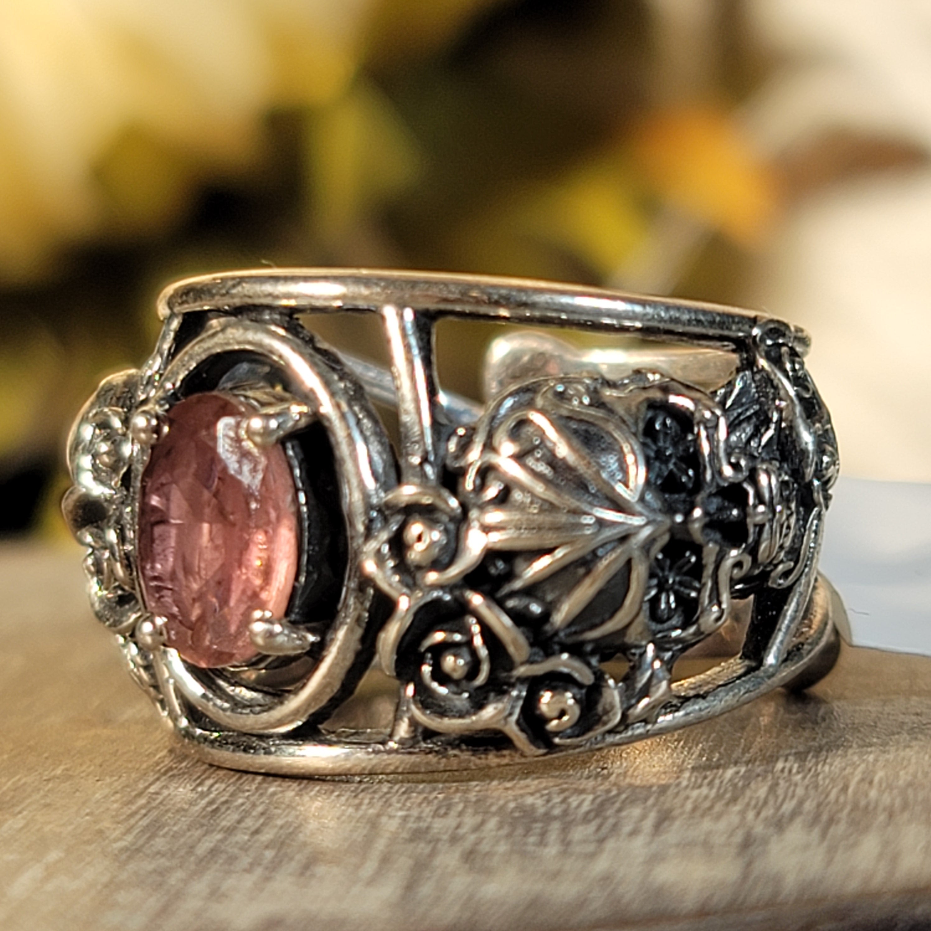 Pink Tourmaline Dia de los Muertos Adjustable Cuff Ring .925 Silver for Emotional Healing, Joy and Love