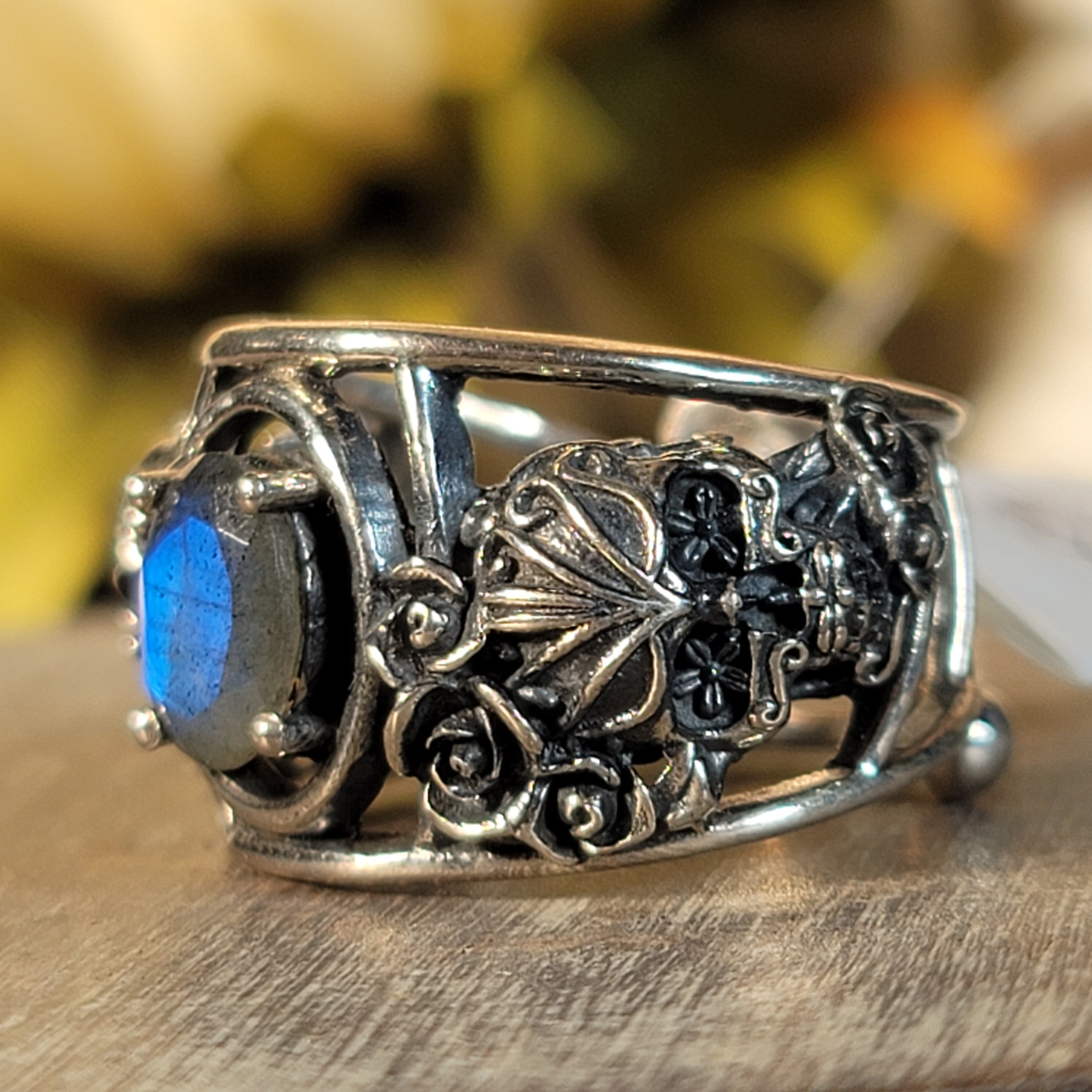 Labradorite Dia de los Muertos Cuff Ring .925 Silver for Insight, Magic, Protection and Transformation