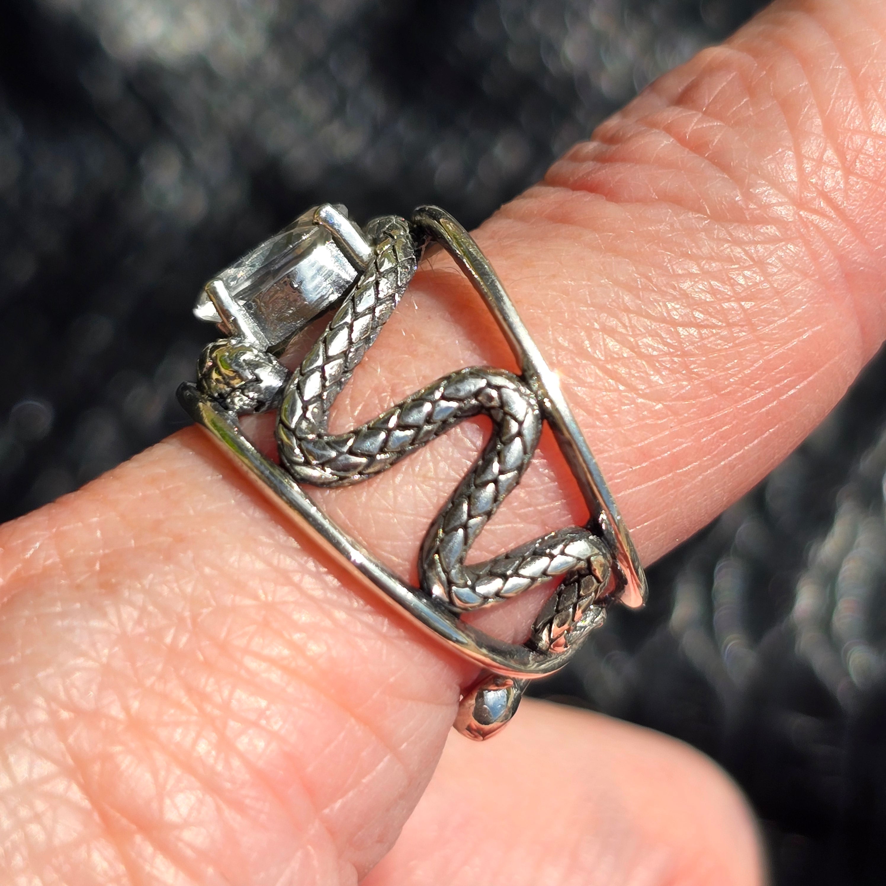 White Topaz Serpent Adjustable Finger Cuff Ring .925 Silver for Amplifying Intentions & Accelerating Manifestations