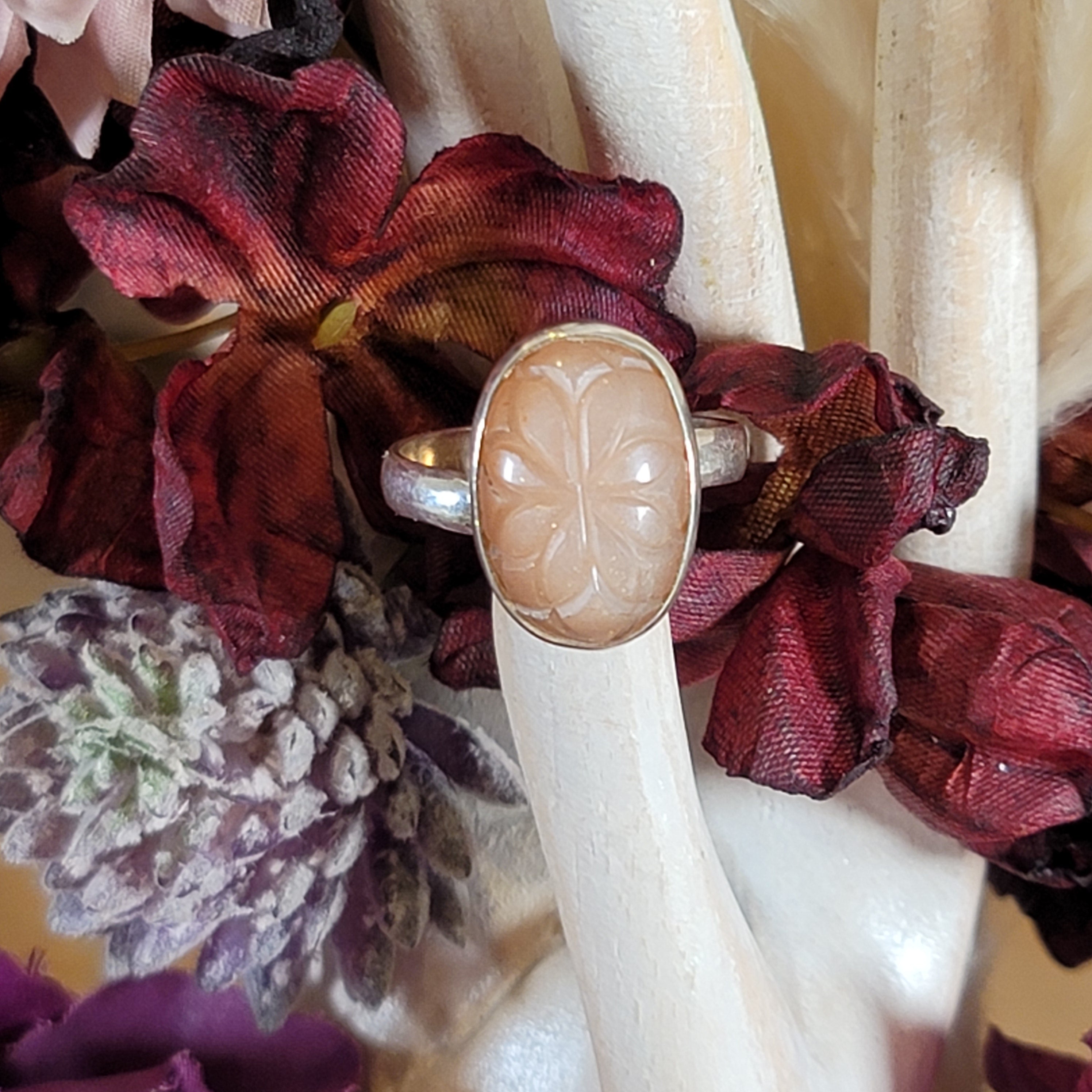 Peach Moonstone Adjustable Ring .925 Silver for New Beginnings, Artistic Expression, Creativity & Manifestation