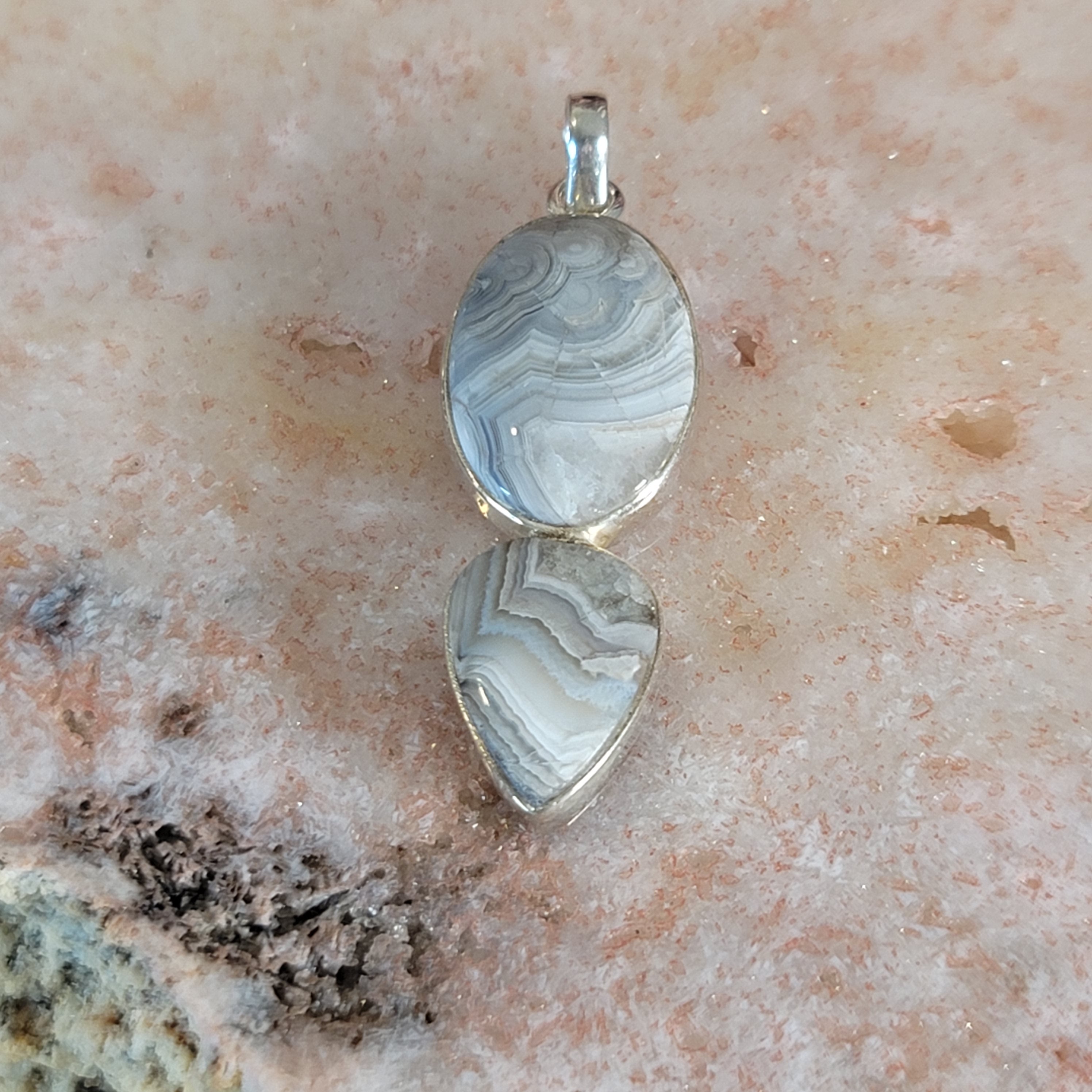 Grey Crazy Lace Agate Pendant .925 Silver for Joy and Protection