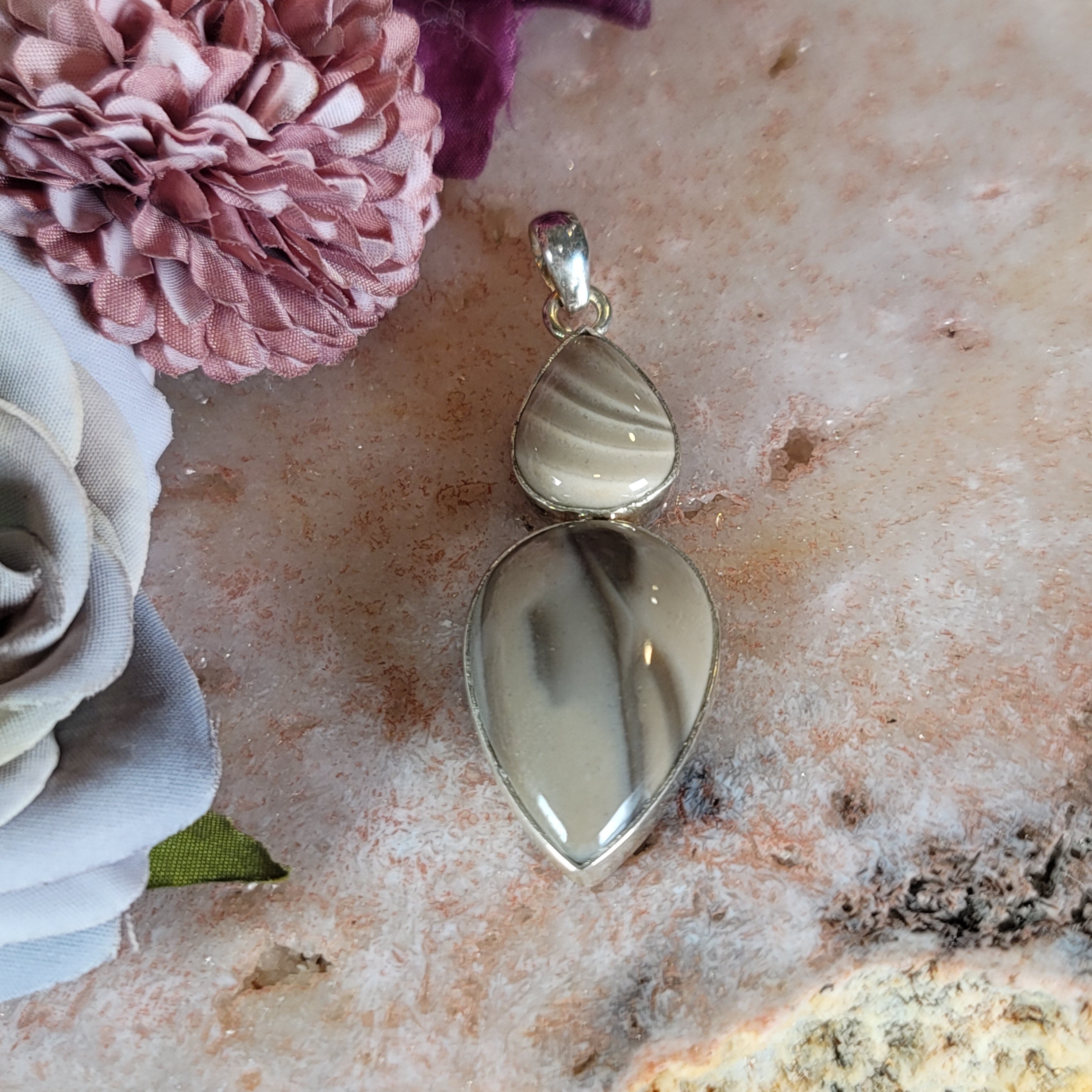 Polish Striped Flint Pendant .925 Silver for Powerful Protection Against Negative Energy