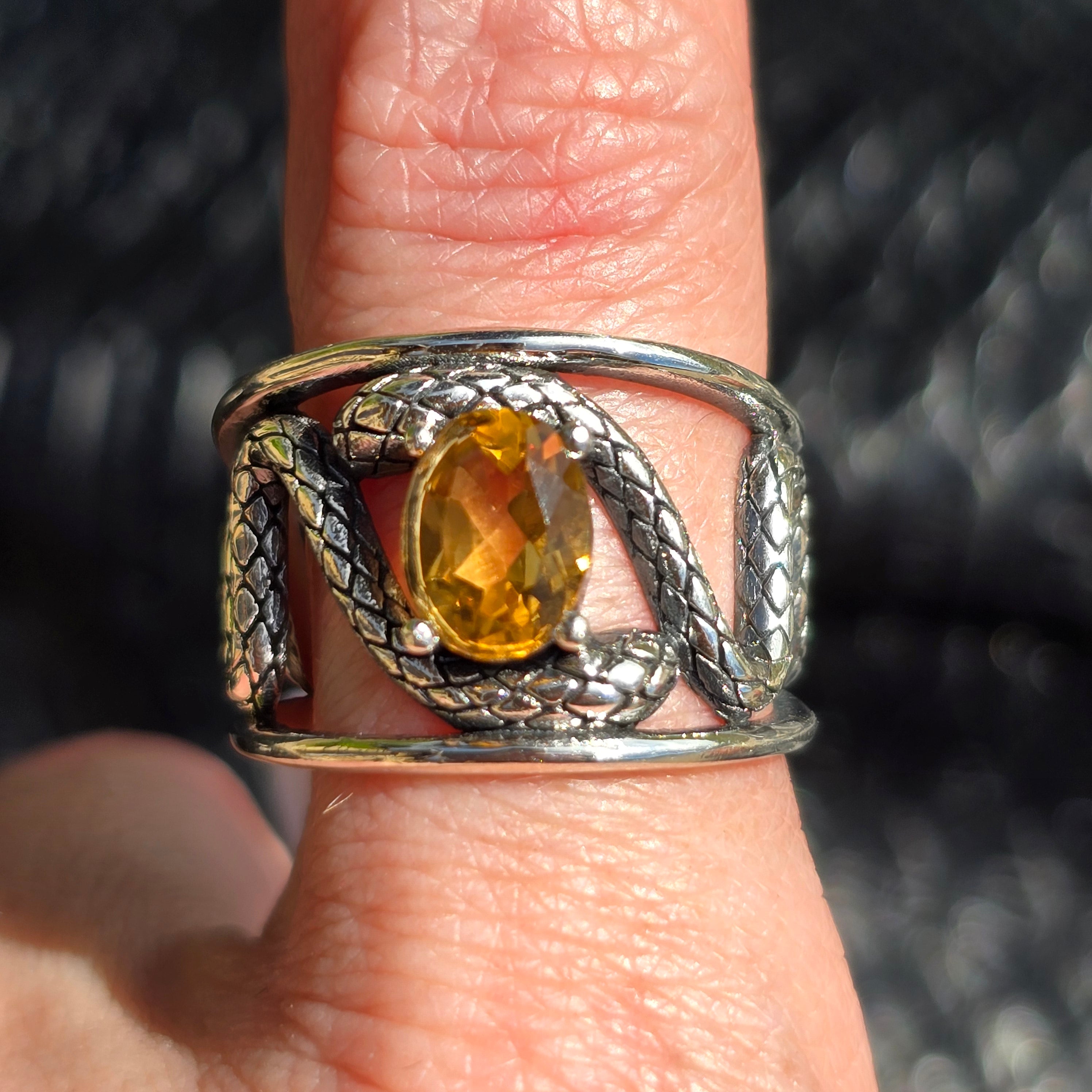 Citrine Serpent Adjustable Finger Cuff Ring .925 Silver for Abundance, Confidence and Personal Power