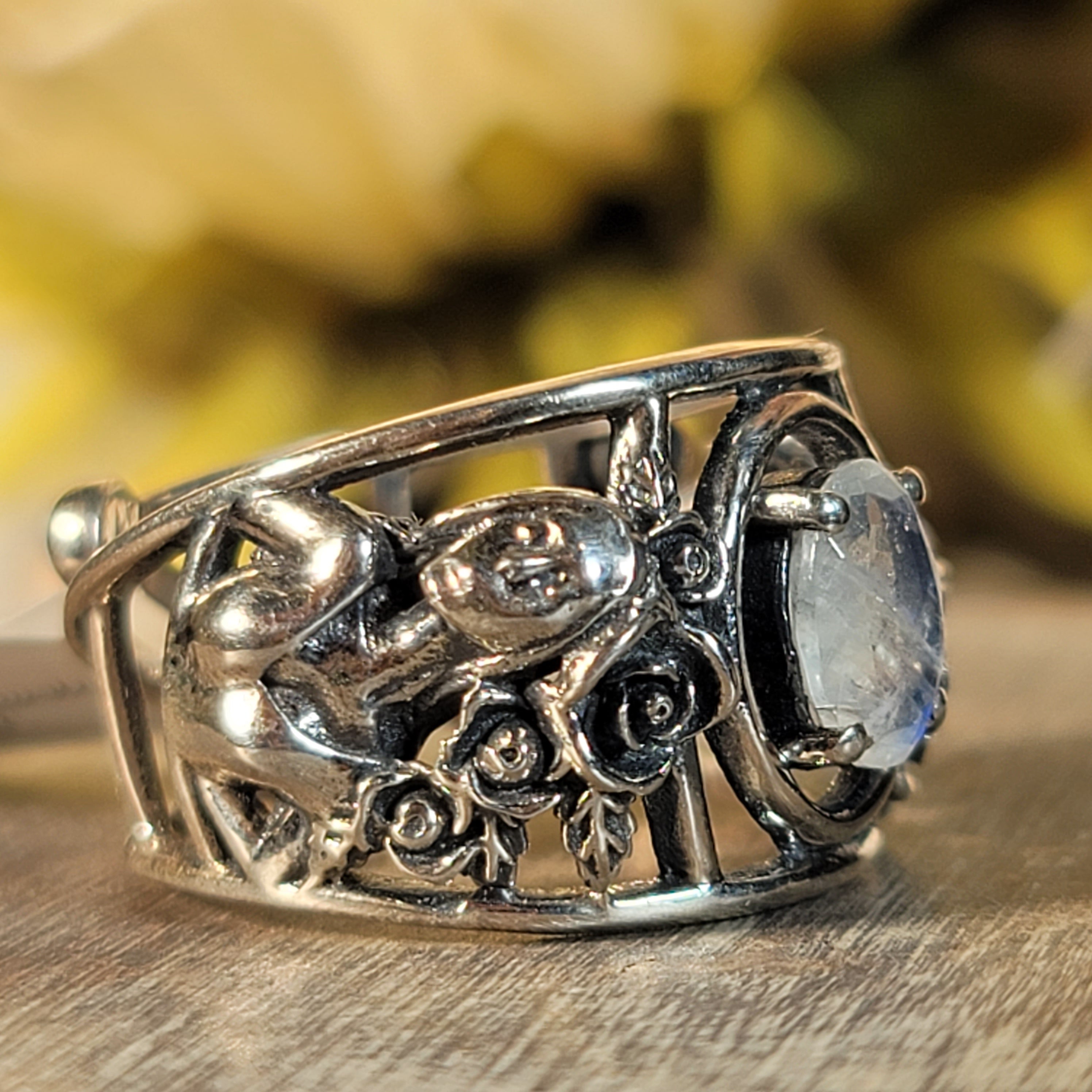 Rainbow Moonstone Dia de los Muertos Cuff Ring .925 Silver for New Beginnings, Protection and Manifestation