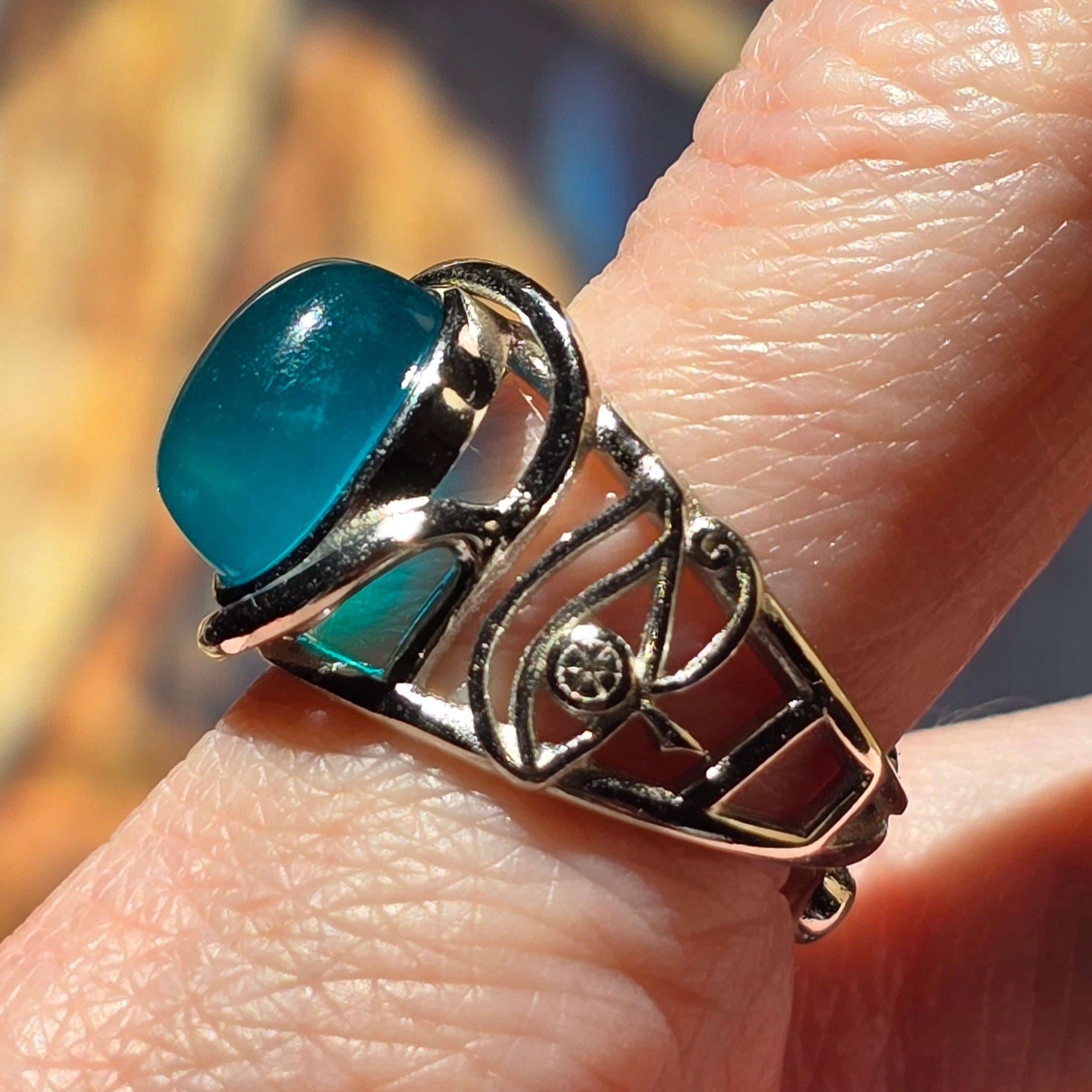 Amazonite Egyptian Eye Adjustable Finger Cuff Ring .925 Silver for Communication, Harmony and Hope